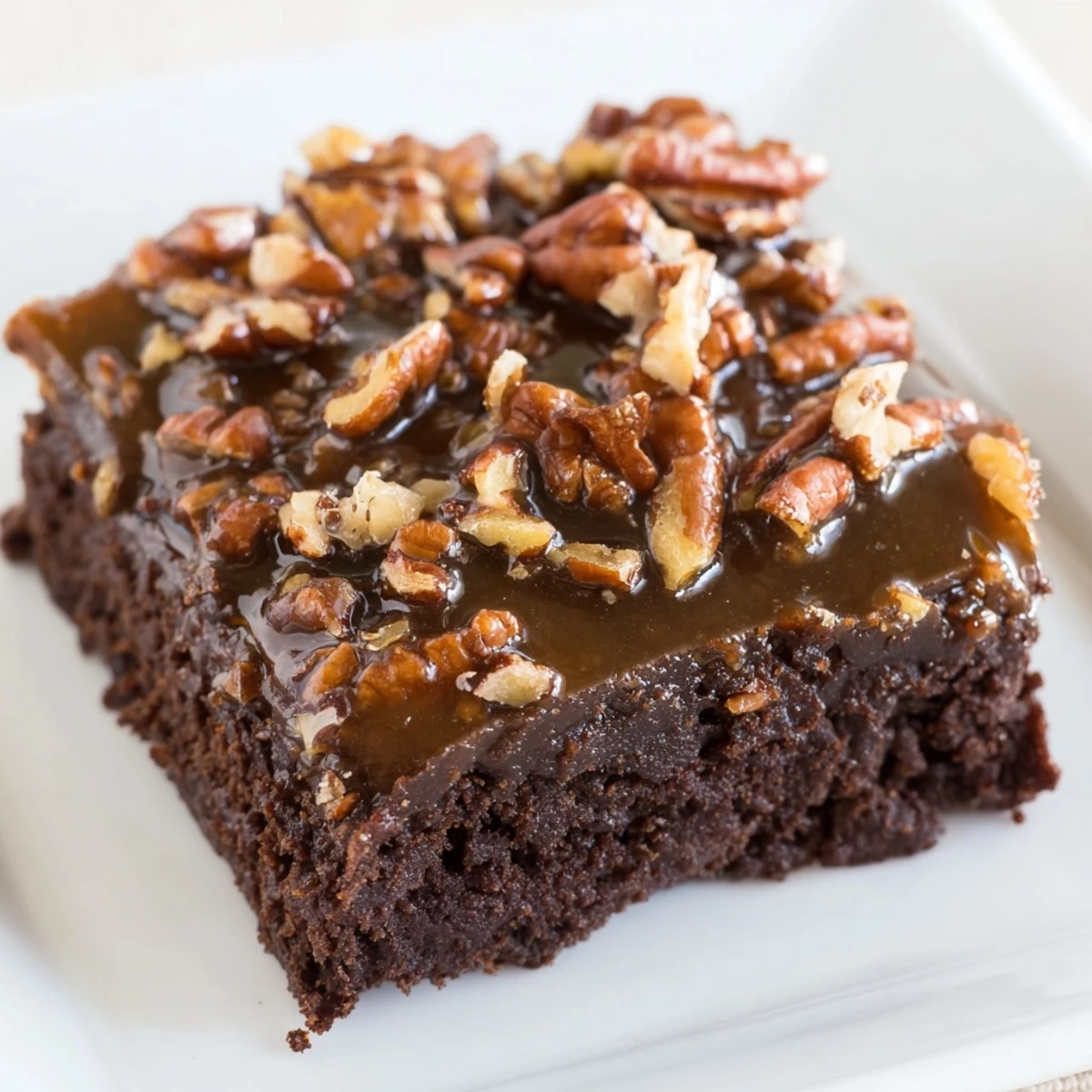 A close-up of New Orleans Praline Brownies with Pecans, showcasing a glossy, crackly top and a rich, fudgy interior.