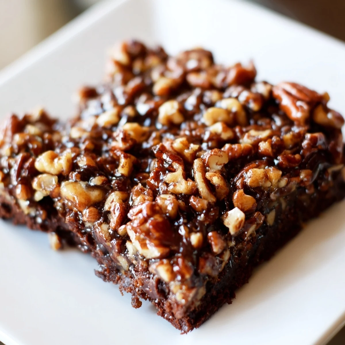 A square of New Orleans Praline Brownies with Pecans rests on a rustic plate, drizzled with extra praline sauce.