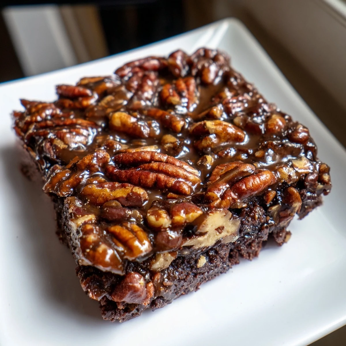 Freshly baked New Orleans Praline Brownies with Pecans are cut into squares, with toasted pecans visible in the topping.