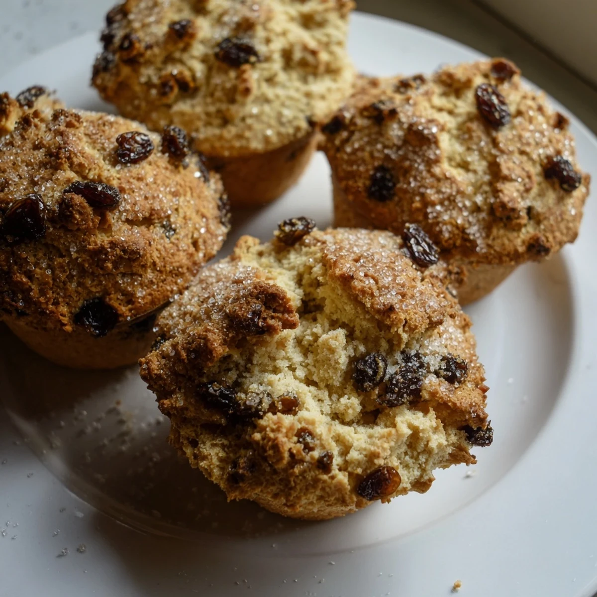 Freshly baked Irish Soda Bread Muffins with currants, golden-brown and moist, ready to serve with butter and jam.  