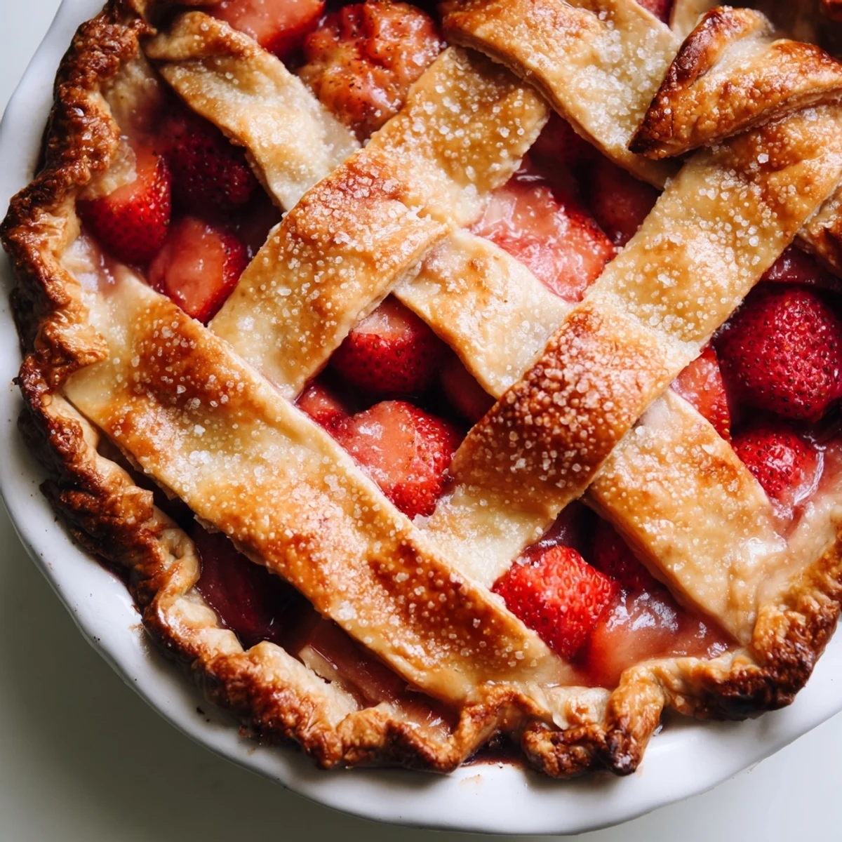 Close-up view of Strawberry Rhubarb Pie with lattice top, fresh berries, and rhubarb on a rustic table.  