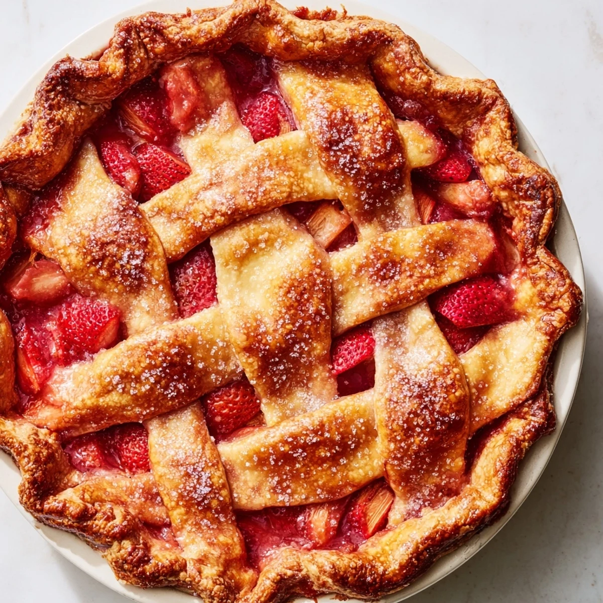 A golden lattice crust covers a bubbling Strawberry Rhubarb Pie with sweet-tart filling, ready to slice.  
