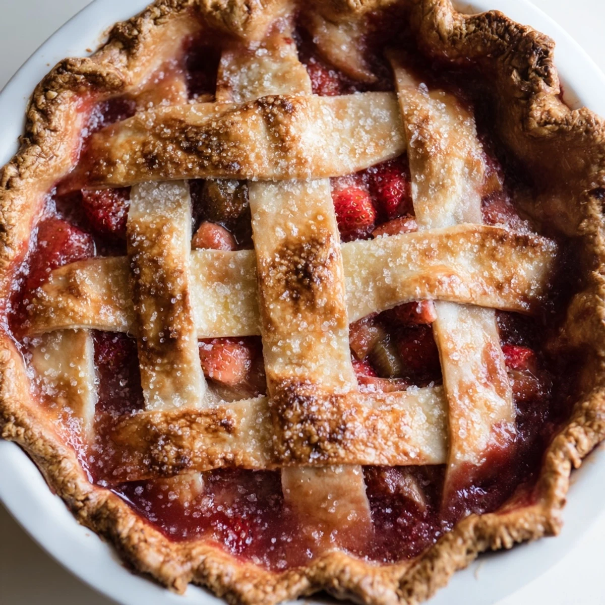 Warm Strawberry Rhubarb Pie with lattice crust sits beside a scoop of vanilla ice cream.