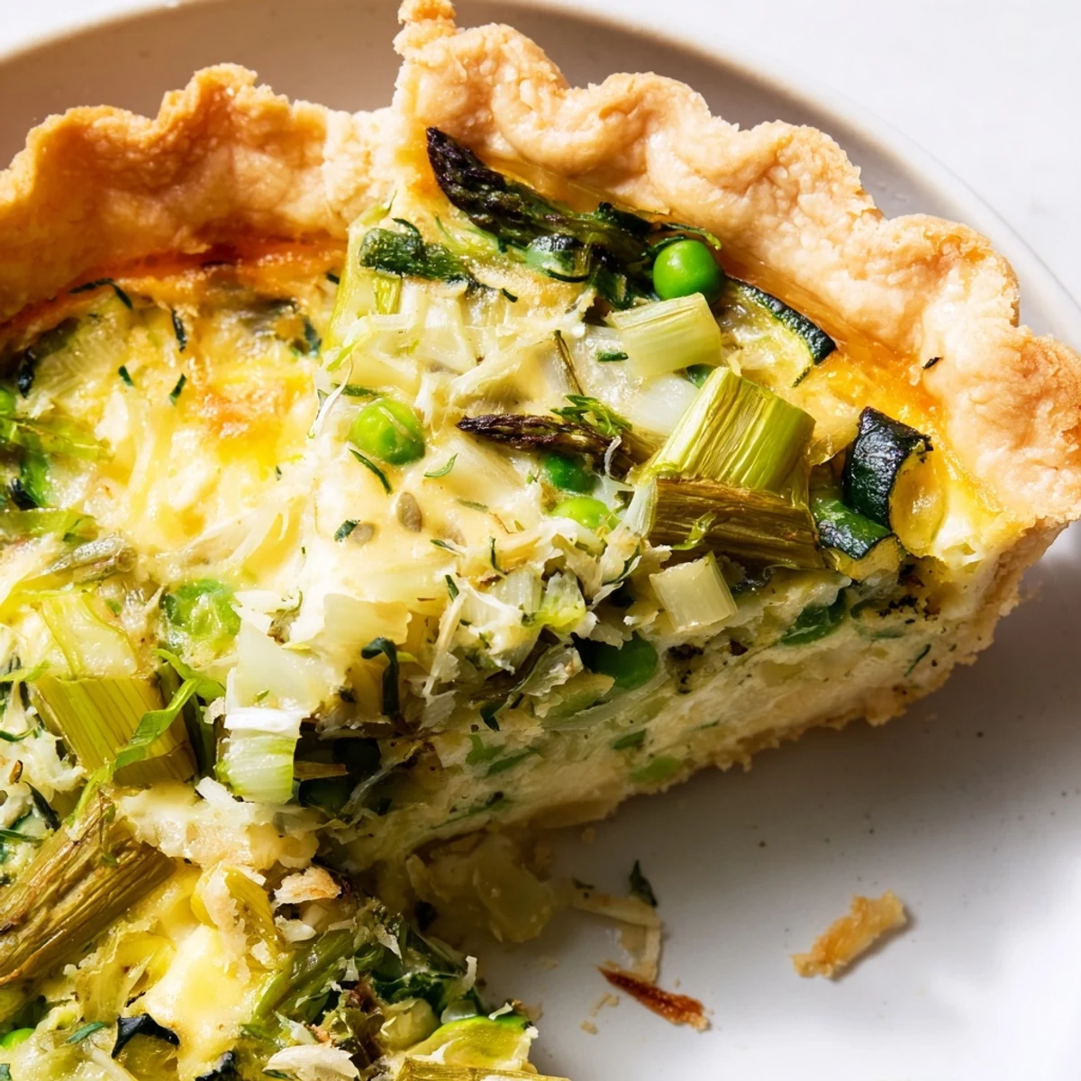Fresh-baked Spring Vegetable Quiche with Crust shows golden, flaky pastry topped with melted Gruyère and vibrant spring vegetables. 