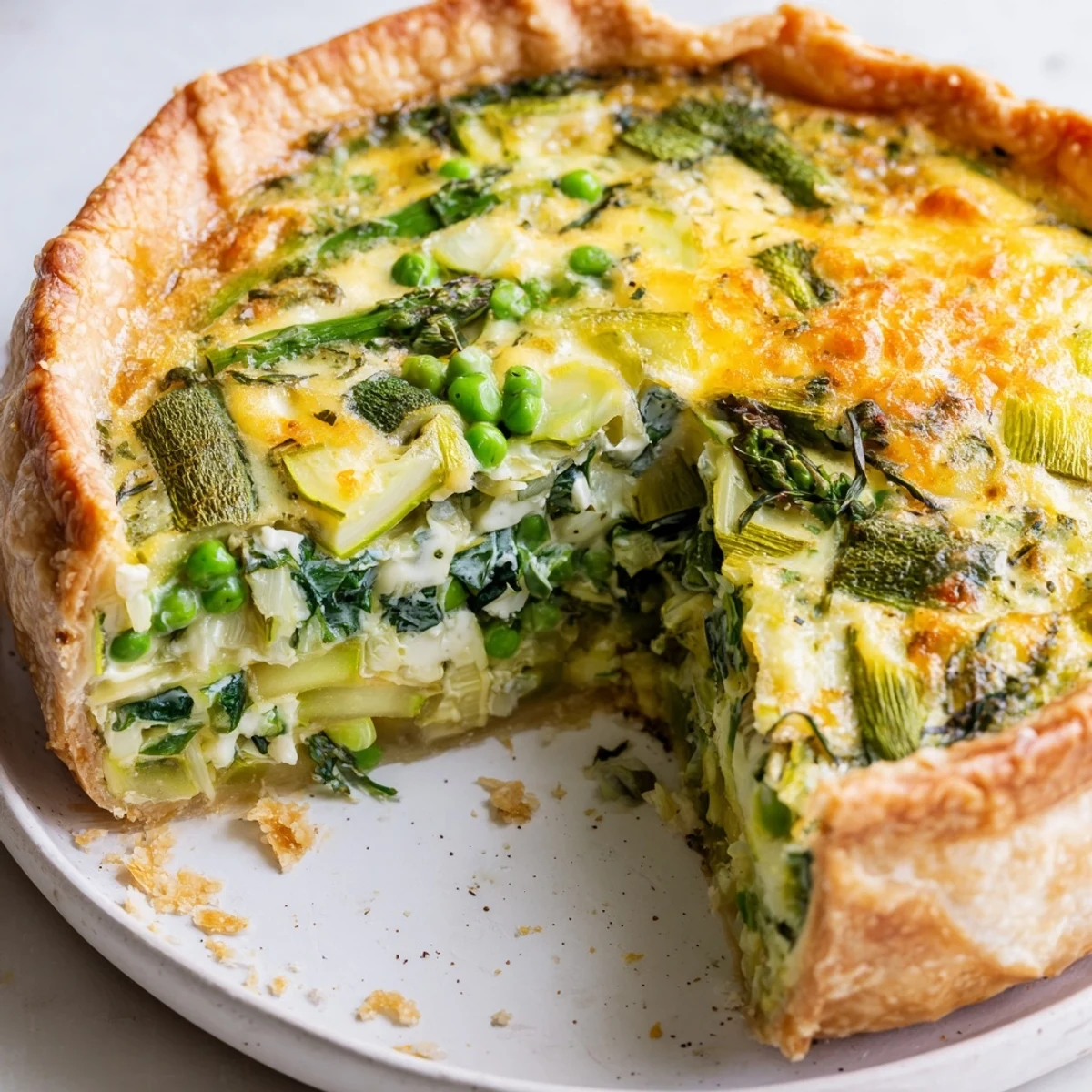 Savory Spring Vegetable Quiche with Crust on a white plate, served warm with a fresh green salad for a light lunch. 