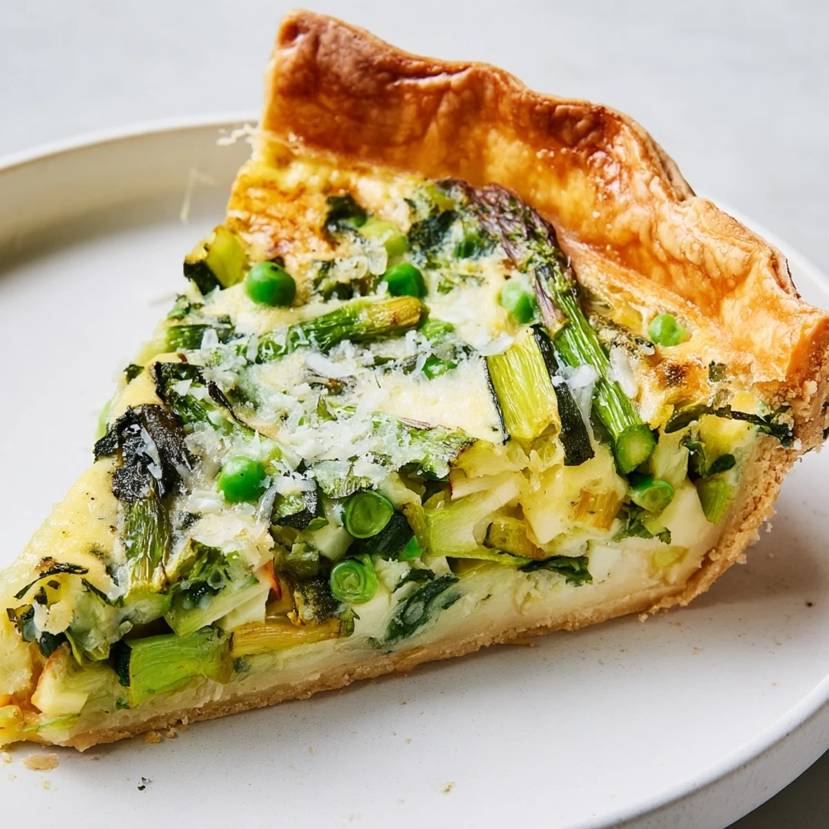 Spring Vegetable Quiche with Crust sliced to reveal creamy custard filled with asparagus, zucchini, spinach, and peas.