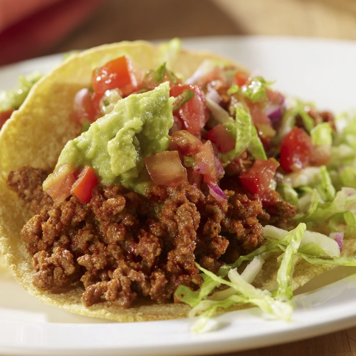 Warm homemade beef tacos topped with vibrant fresh salsa and creamy guacamole on a plate.