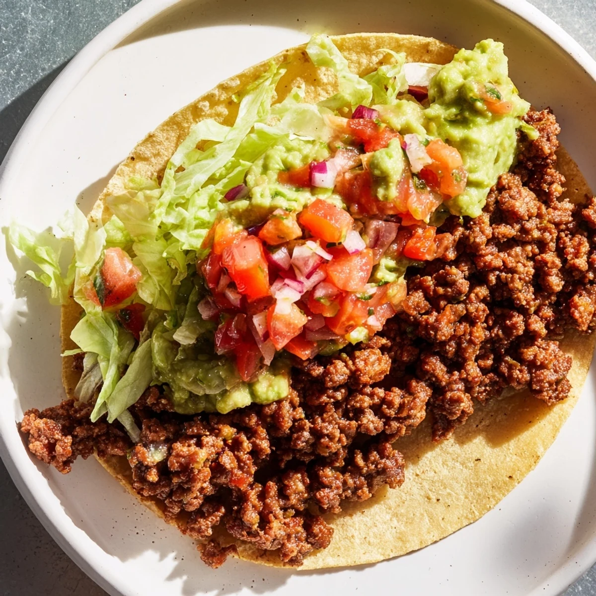 Beef tacos with homemade salsa and guacamole served with lime wedges and shredded lettuce.
