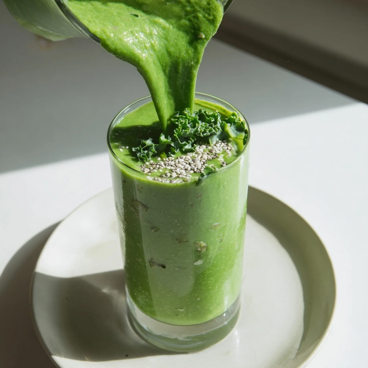 A tall glass of vibrant green smoothie with kale and pineapple, garnished with a fresh kale leaf and slice of pineapple.