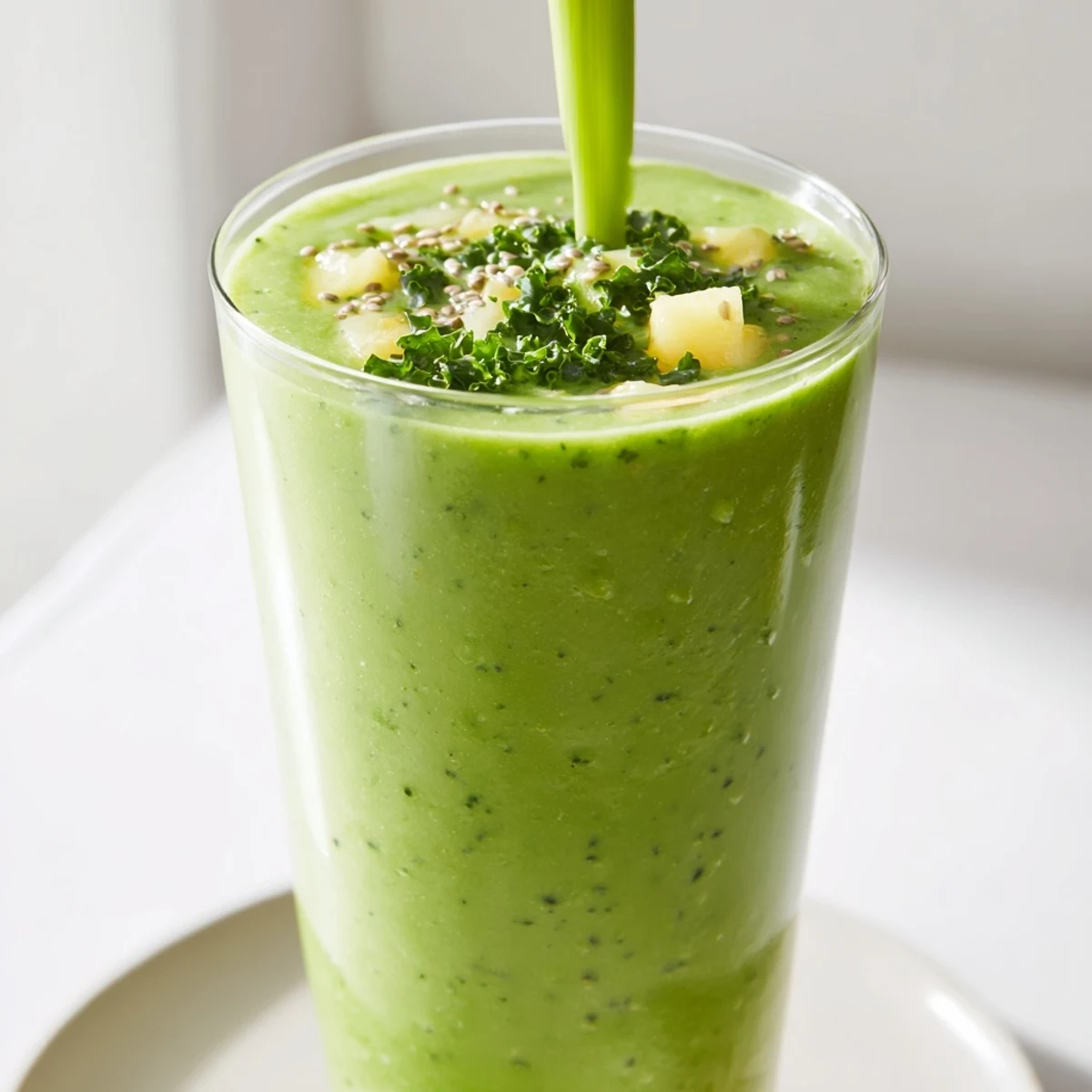 Creamy green smoothie with kale and pineapple poured into a glass, topped with chia seeds and a wooden spoon nearby.