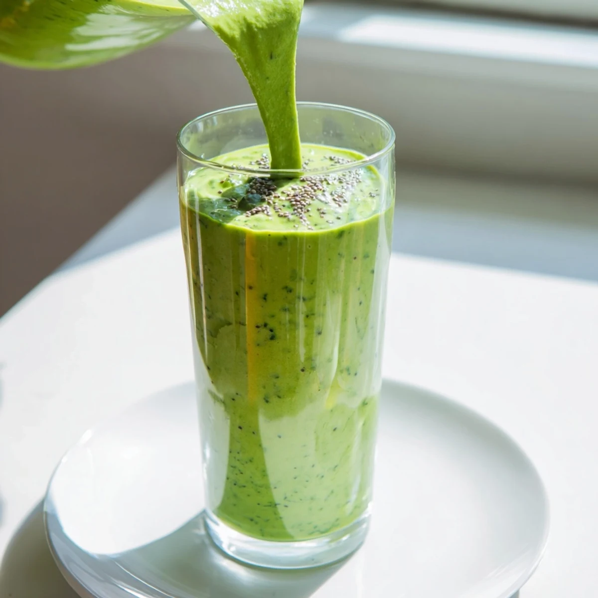 Healthy green smoothie with kale and pineapple served in a mason jar with a striped straw, set against a bright kitchen backdrop.