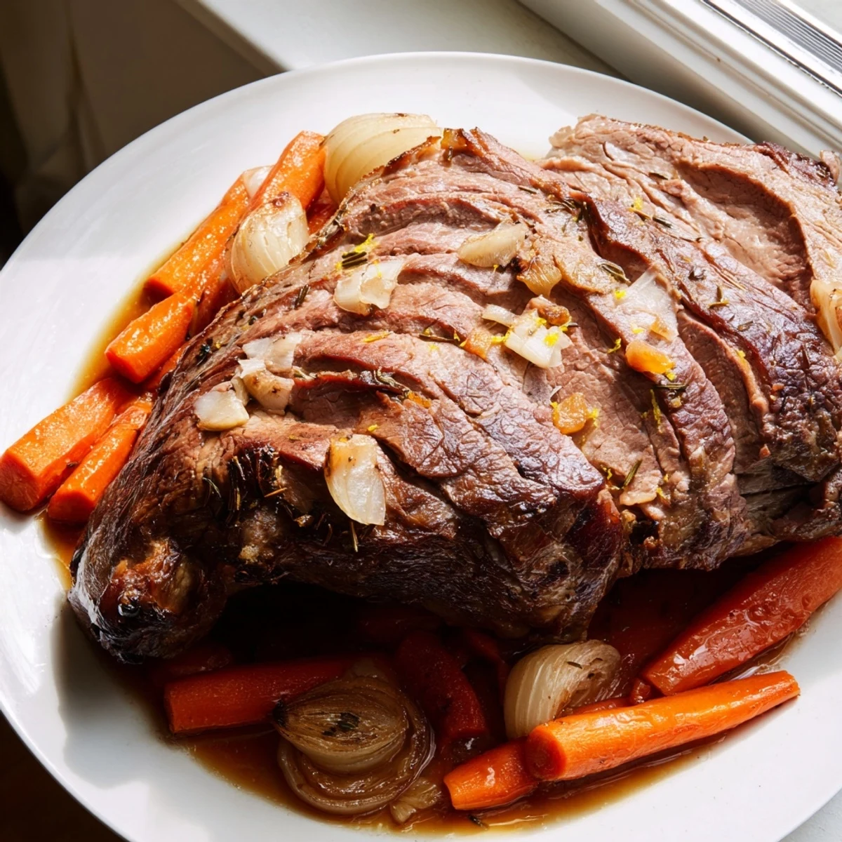 A perfectly roasted lamb leg with rosemary and garlic rests on a bed of caramelized onions and carrots, glistening with pan juices.