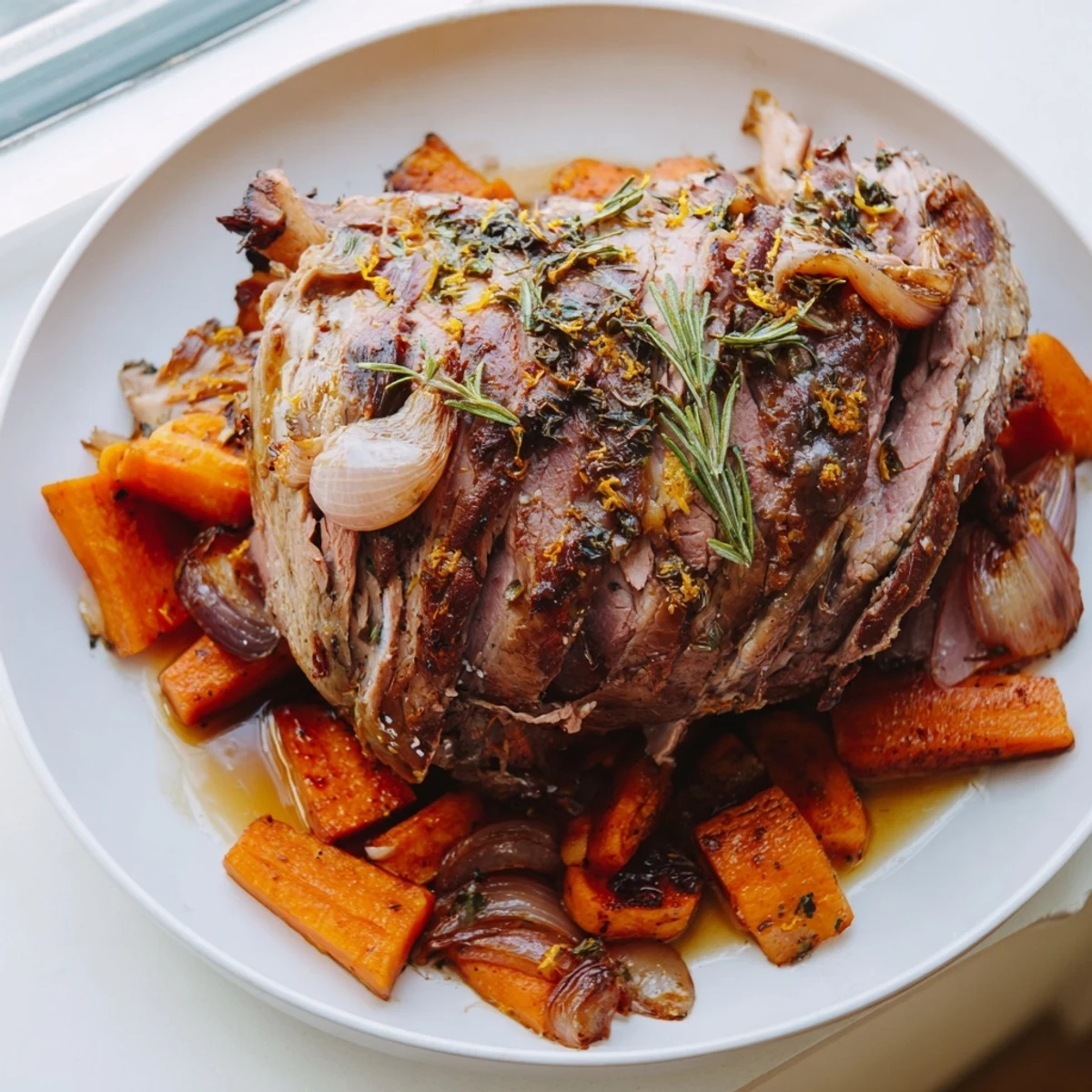 Golden-brown Roasted Lamb Leg with Rosemary and Garlic rests on a rustic platter, surrounded by caramelized carrots and onions for a hearty family meal.