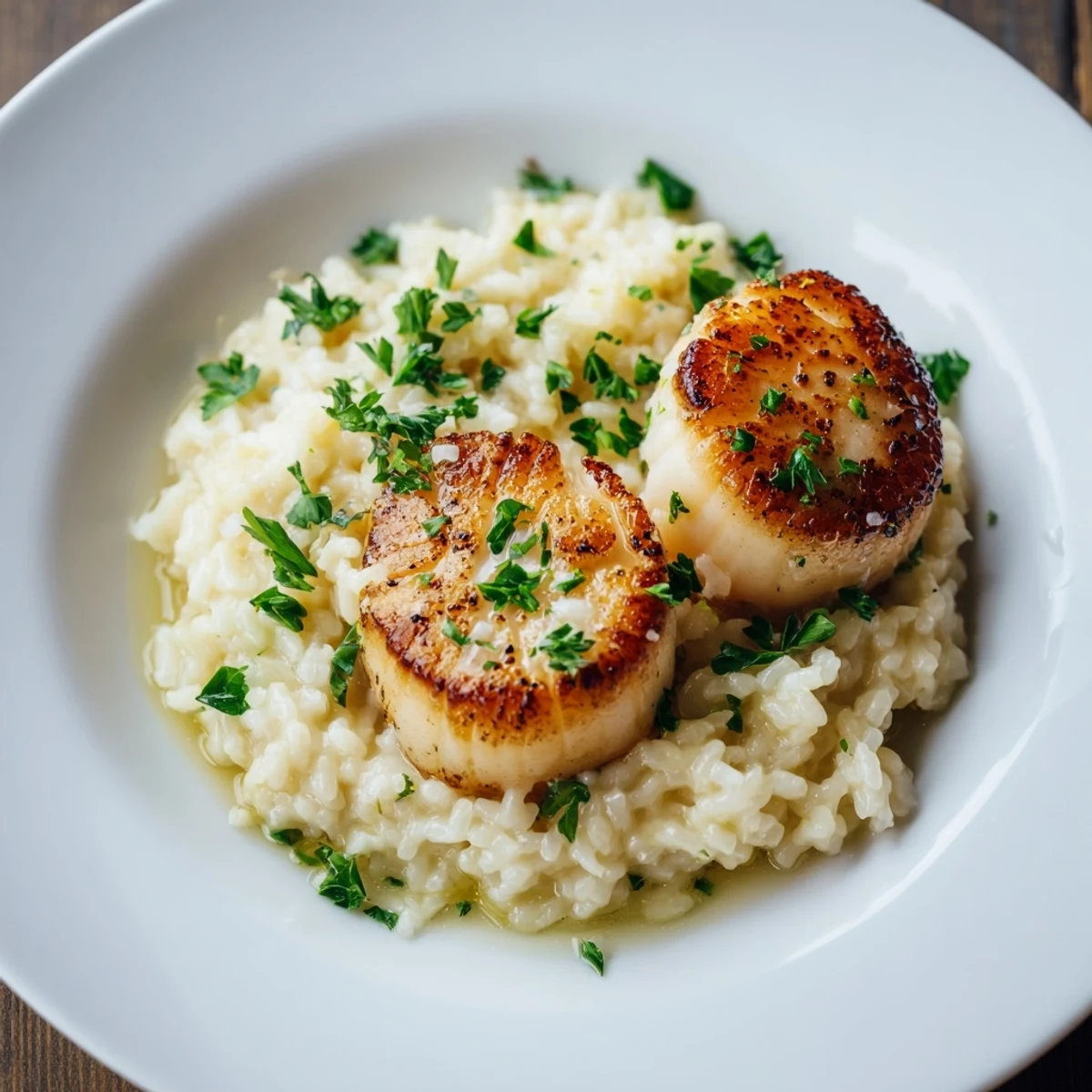 Tender scallops topped with bright parsley, nestled on rich risotto, perfect for an elegant Italian-inspired dinner.