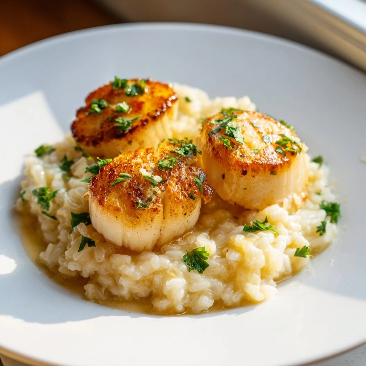 A close-up shows perfectly cooked scallops beside spoonfuls of creamy risotto, garnished with fresh lemon zest.