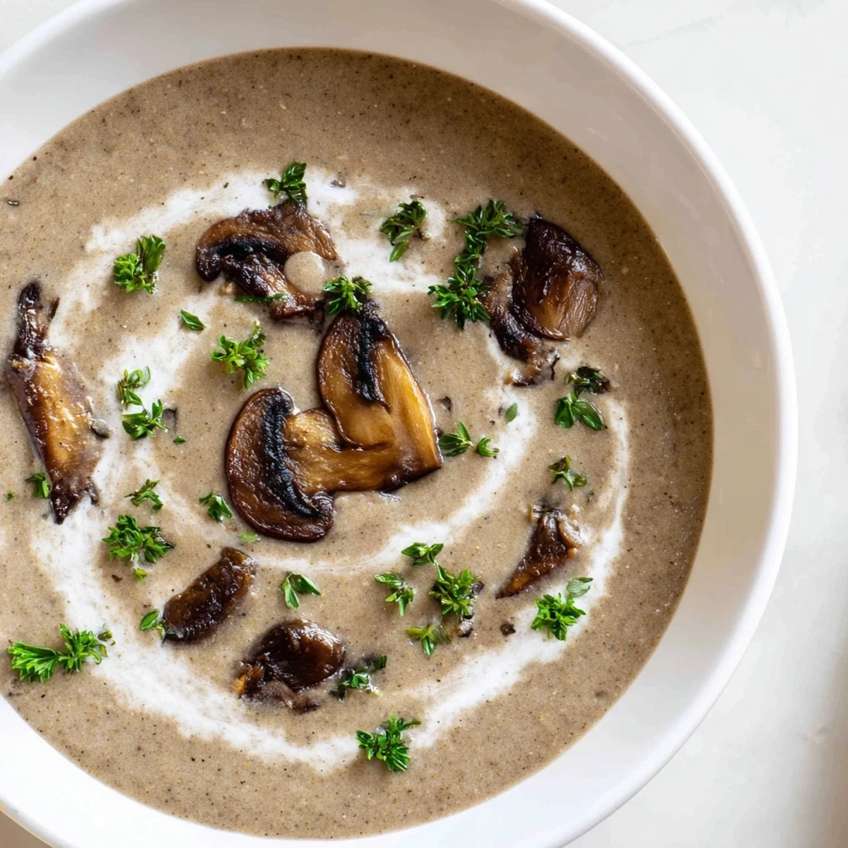 A steaming bowl of Creamy Mushroom Soup with Thyme, garnished with fresh parsley and a swirl of rich cream.