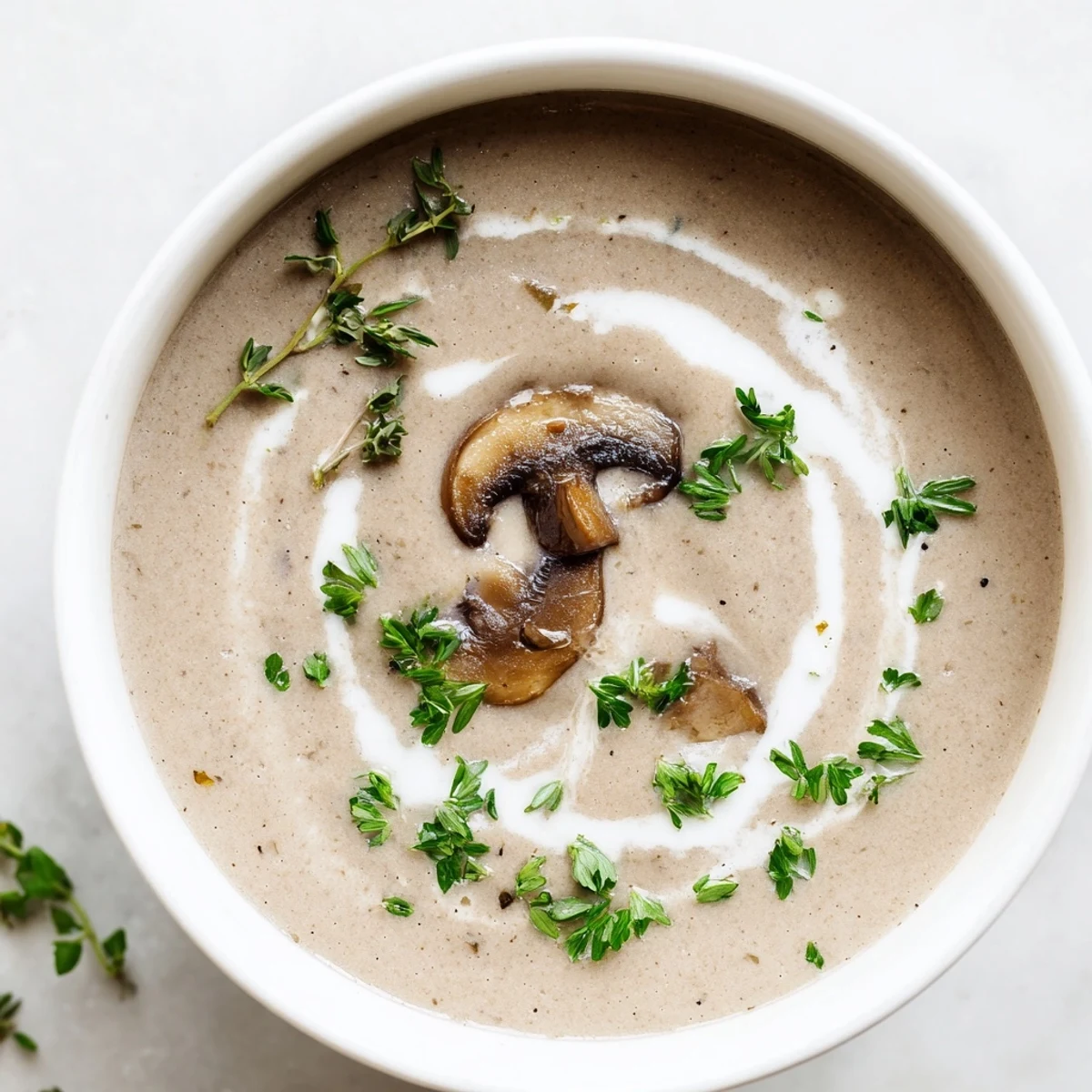Homemade Creamy Mushroom Soup with Thyme featuring velvety texture, sautéed mushrooms, and aromatic herbs in a comforting bowl.