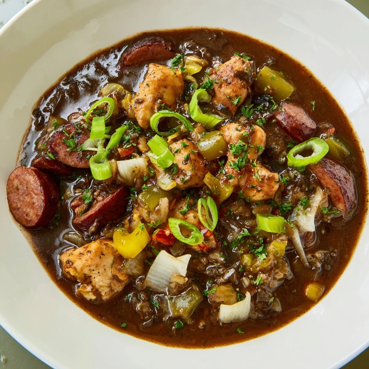 Spicy Cajun Chicken and Sausage Gumbo in a pot, revealing rich roux broth and vegetables.