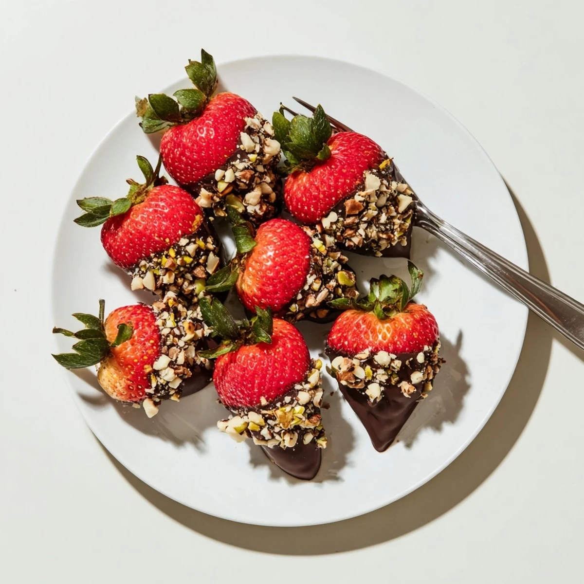 On a marble counter, chocolate dipped strawberries with nuts are arranged artfully, ideal for elegant dessert platters or romantic gifts.  