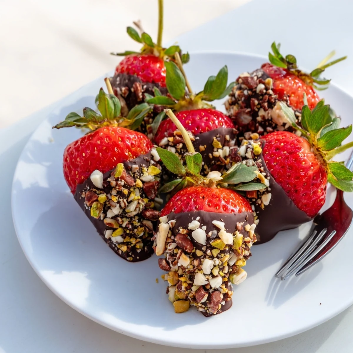Fresh strawberries dipped in smooth chocolate, topped with finely chopped almonds and hazelnuts, offer a gluten-free treat ready in twenty minutes.