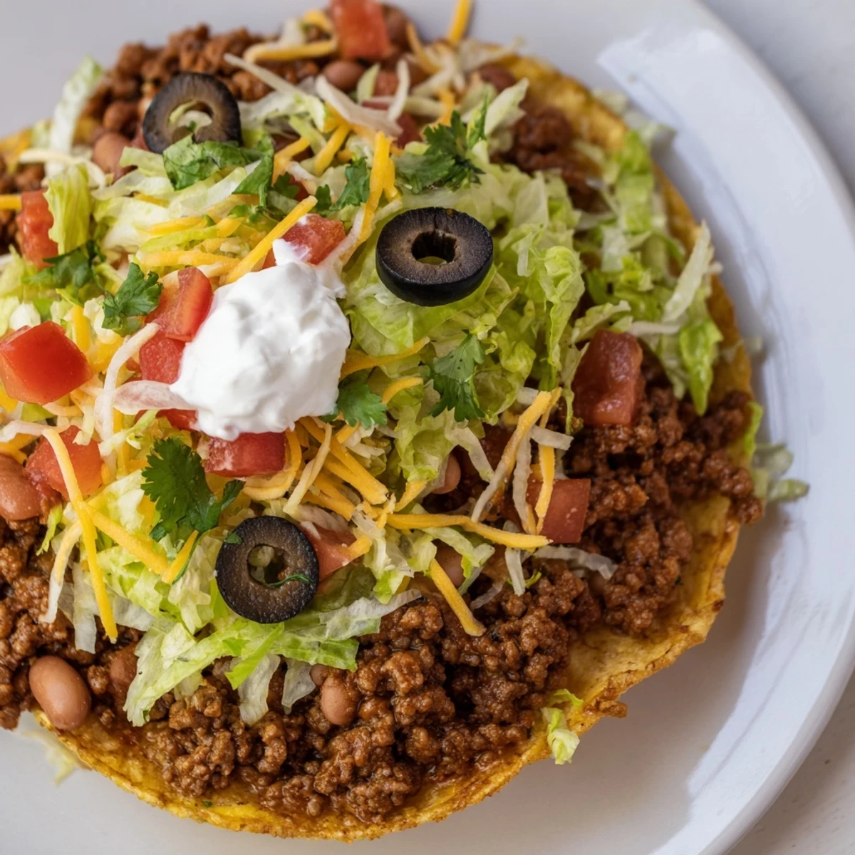 Crispy corn tostada topped with seasoned beef, refried beans, lettuce, and melted cheese.
