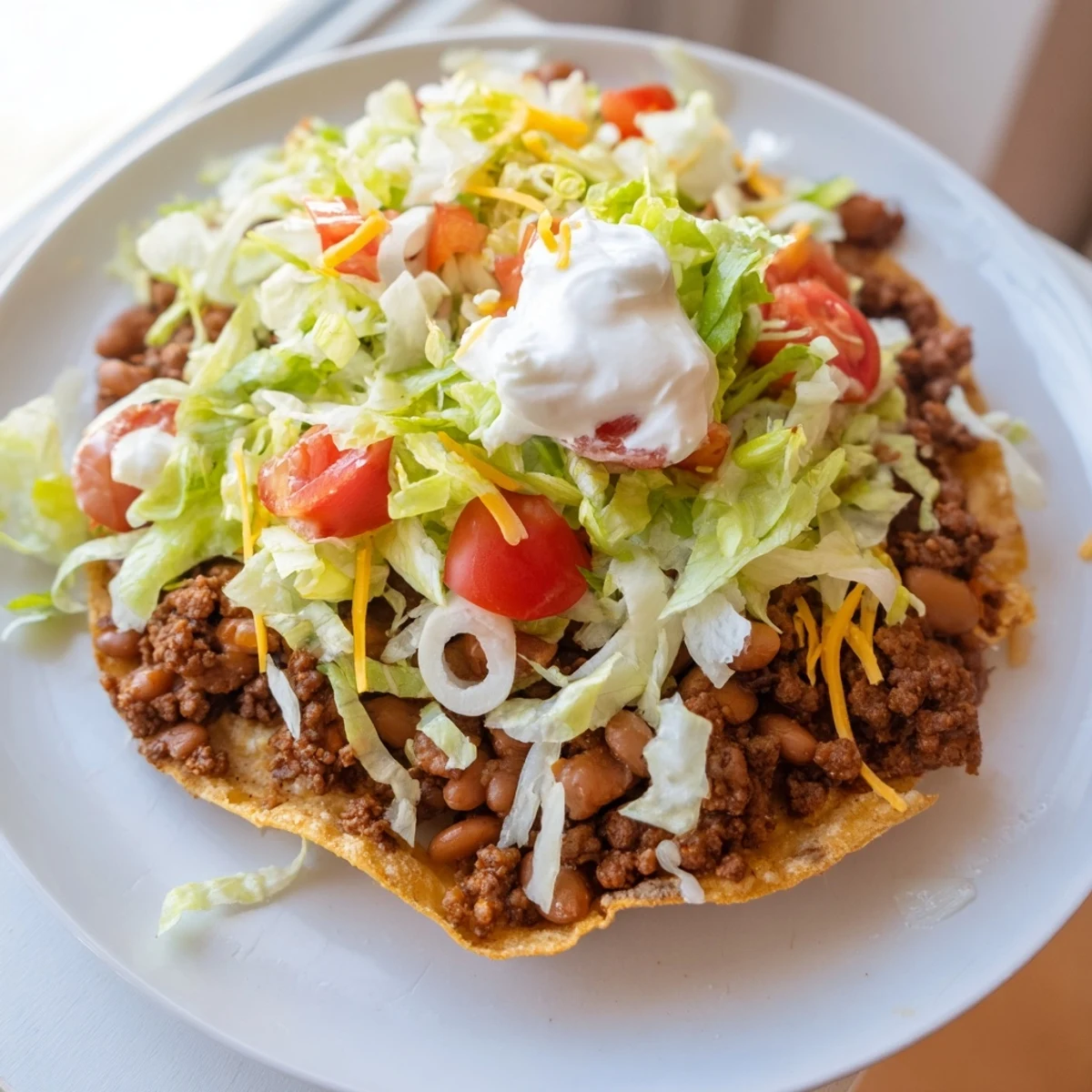 Golden tostada shells hold a savory mixture of beef and refried beans, ready to eat.