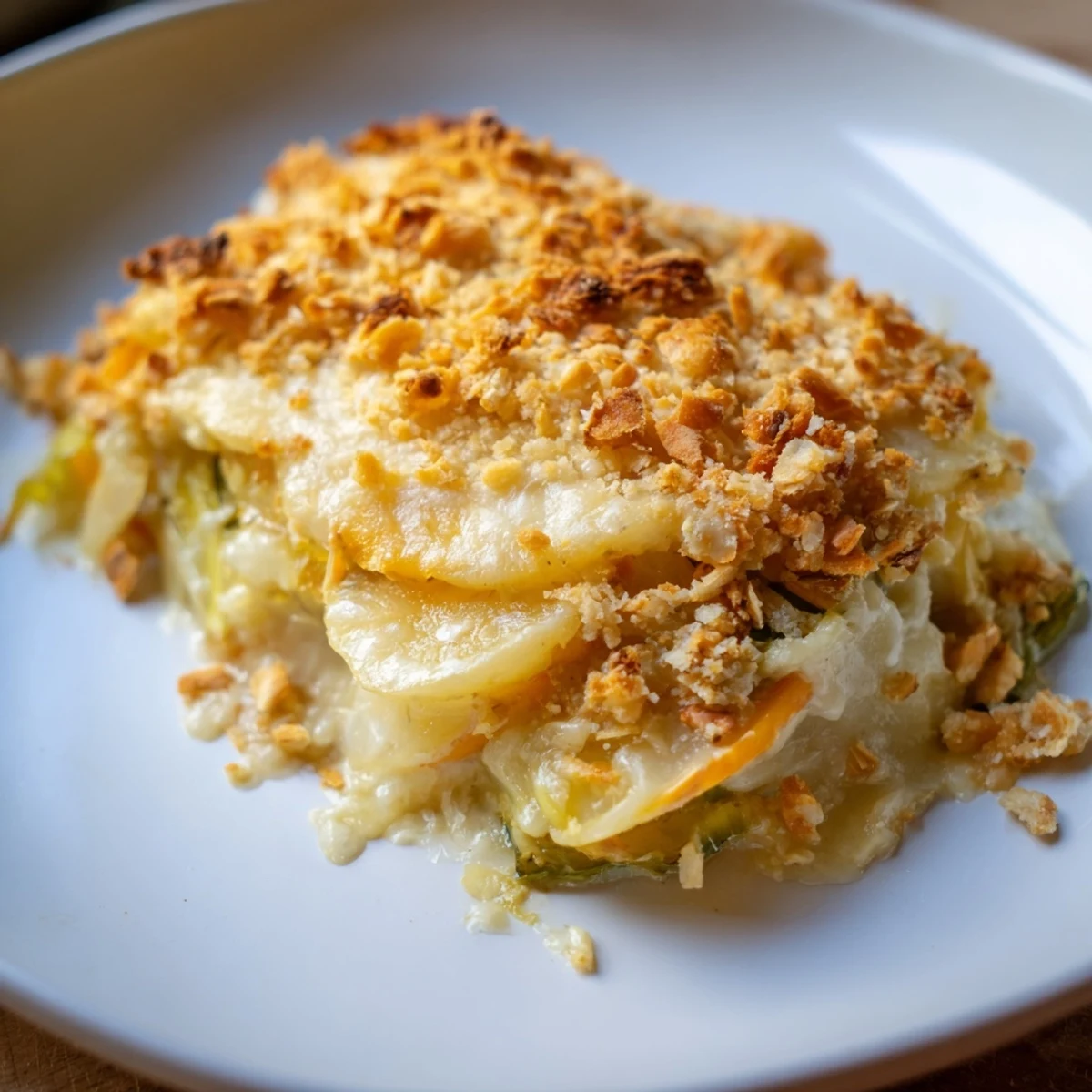 A close-up of Winter Vegetable Gratin with Gruyere, showcasing a crispy panko topping and melted cheese on seasonal vegetables.