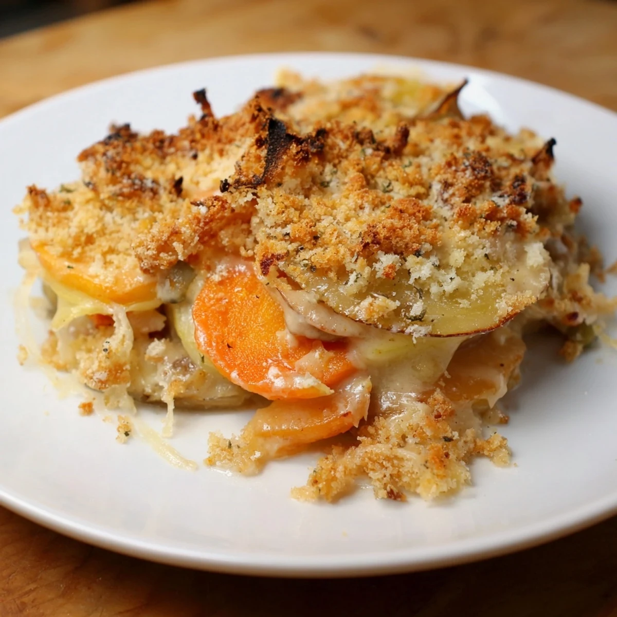 Golden-brown Winter Vegetable Gratin with Gruyere bubbling from the oven, featuring sliced parsnips and carrots in a creamy sauce.