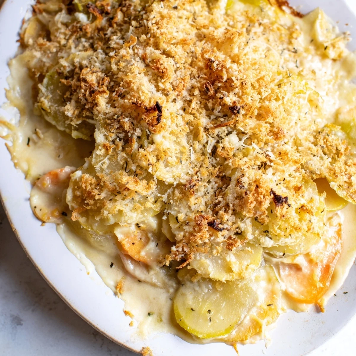 Serving suggestion for Winter Vegetable Gratin with Gruyere, plated beside a crisp green salad for a cozy vegetarian meal.