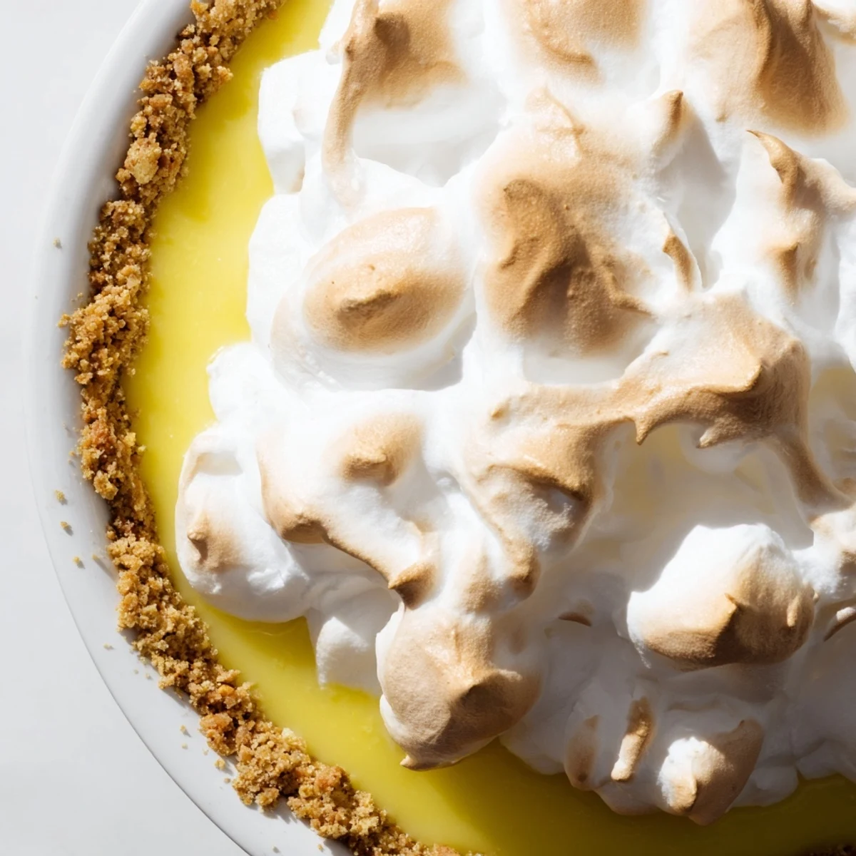 Freshly baked Lemon Meringue Pie with Graham Cracker Crust reveals golden browned meringue and bright yellow filling on a ceramic plate.