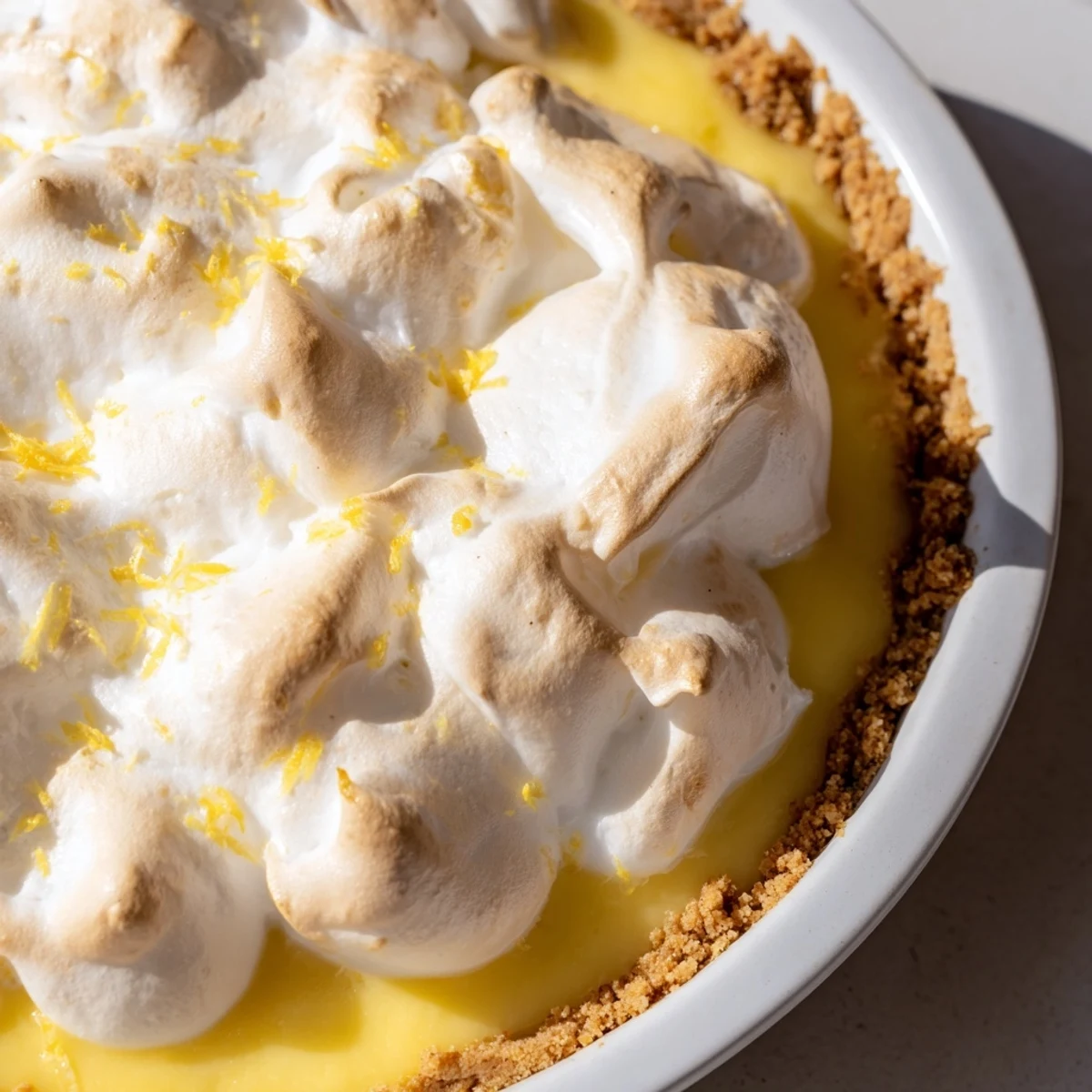 A slice of Lemon Meringue Pie with Graham Cracker Crust sits beside a cup of tea on a rustic wooden table.