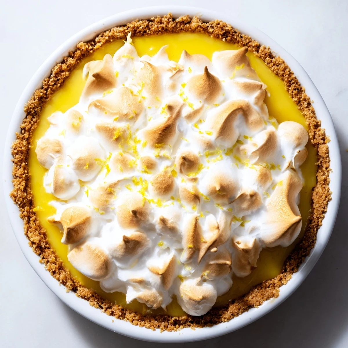 Homemade Lemon Meringue Pie with Graham Cracker Crust topped with fluffy meringue swirls, served on a checkered dessert plate.