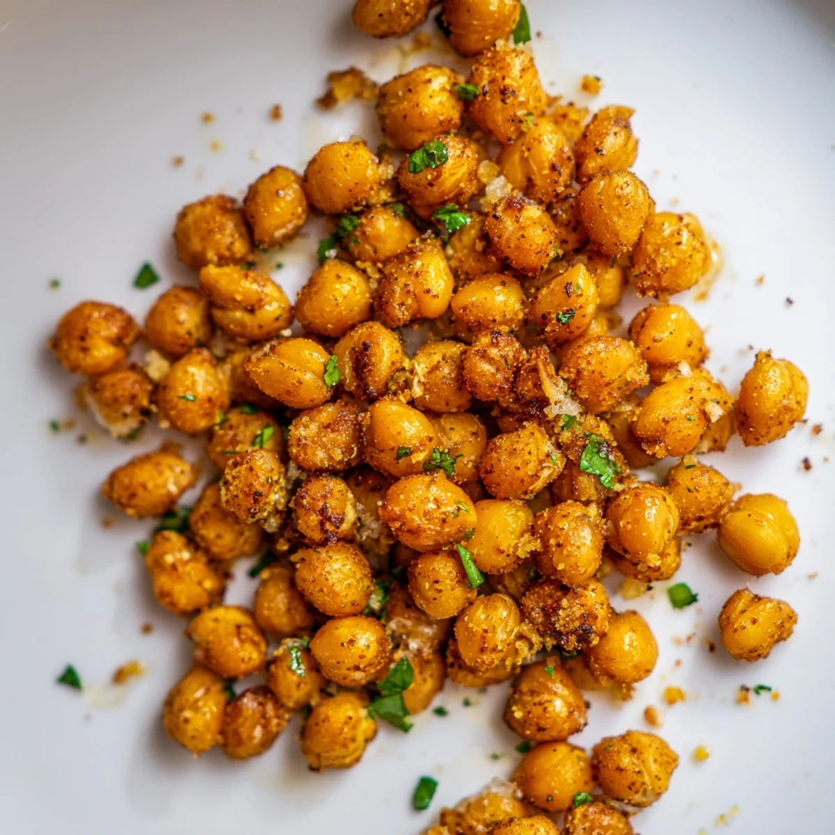 A bowl of Spicy Roasted Chickpeas with Cumin features crispy chickpeas, fresh cilantro garnish, and bright lemon wedges.