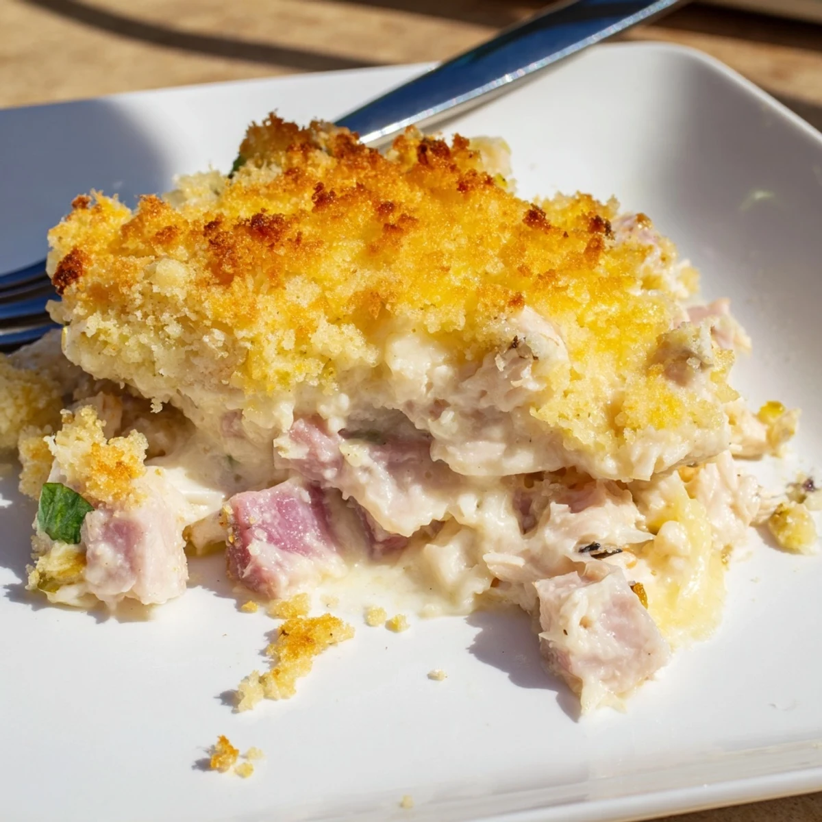 A close-up of golden Chicken Cordon Bleu Casserole with melted Swiss cheese and parsley garnish.