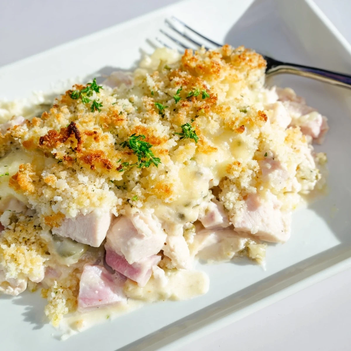 Freshly baked Chicken Cordon Bleu Casserole served with a crisp green salad on a rustic table.