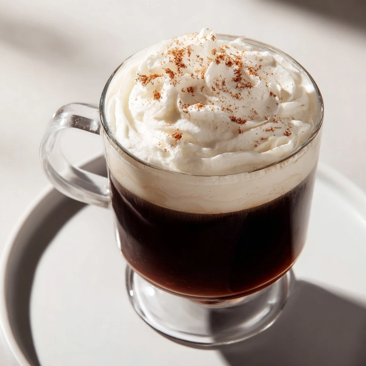 Steaming Irish Coffee Mocktail with Whipped Cream in a clear glass, topped with a sprinkle of nutmeg.