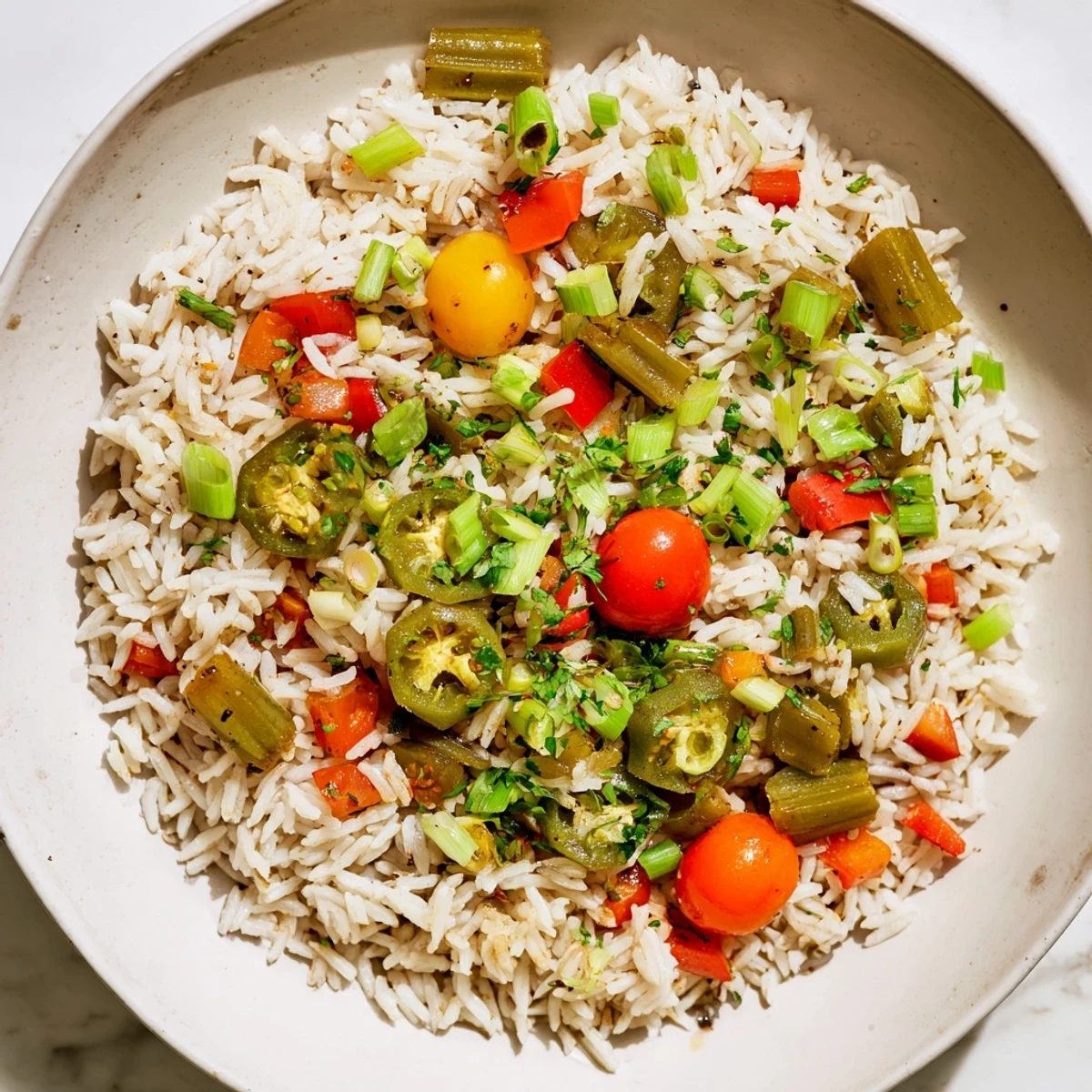 A vibrant bowl of Mardi Gras Veggie Jambalaya with colorful peppers, onions, and rice