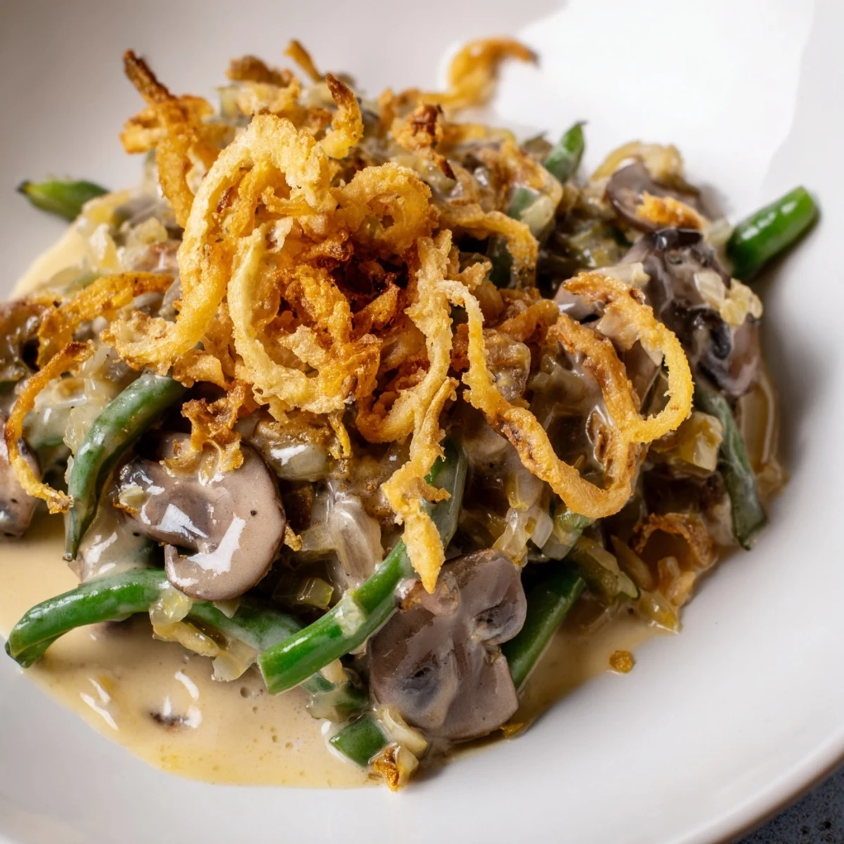 Fresh green beans in creamy mushroom sauce topped with crispy fried onions, a classic American comfort food side dish.