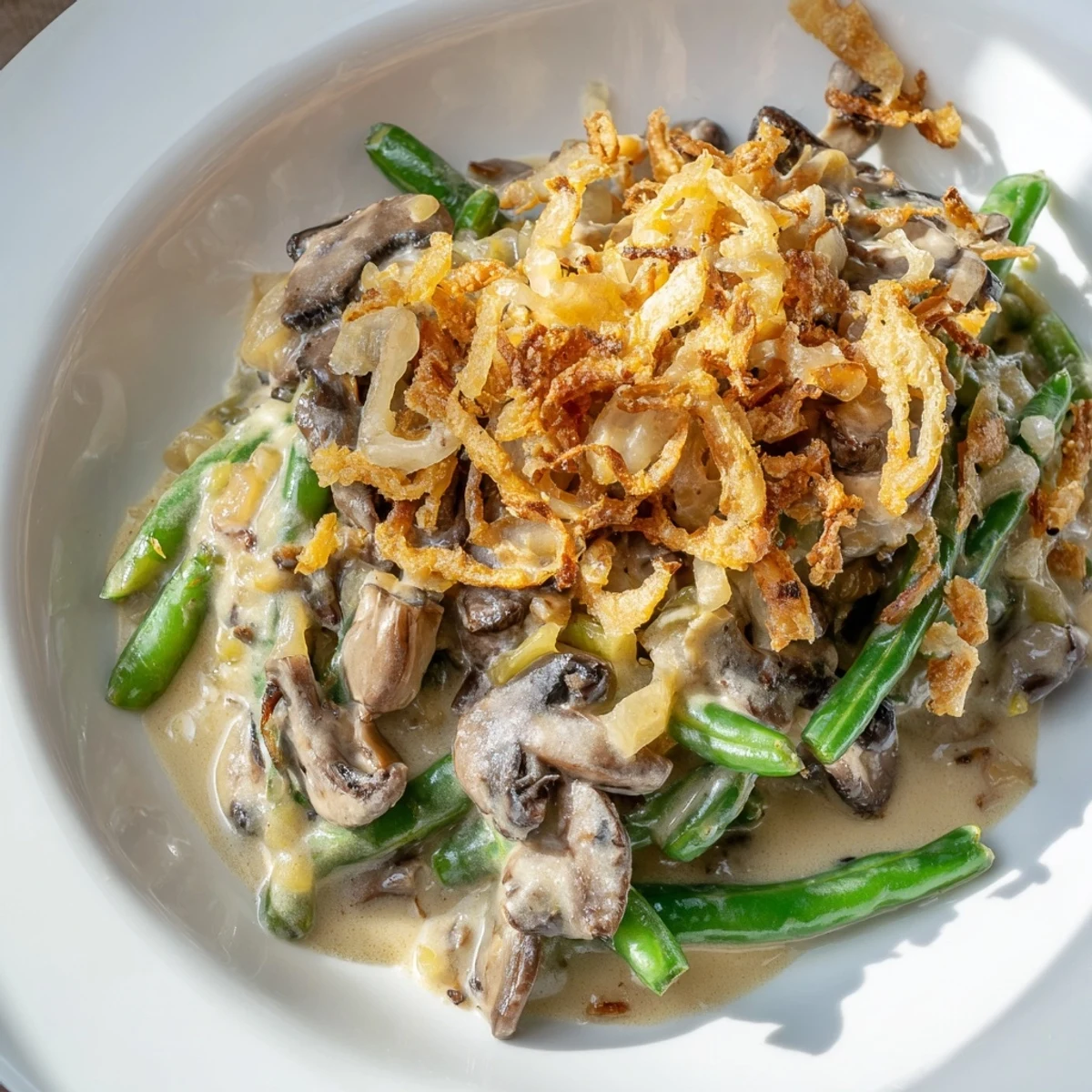 A spoon serving Green Bean Casserole with Crispy Onions next to sliced turkey, highlighting the crunchy golden topping.