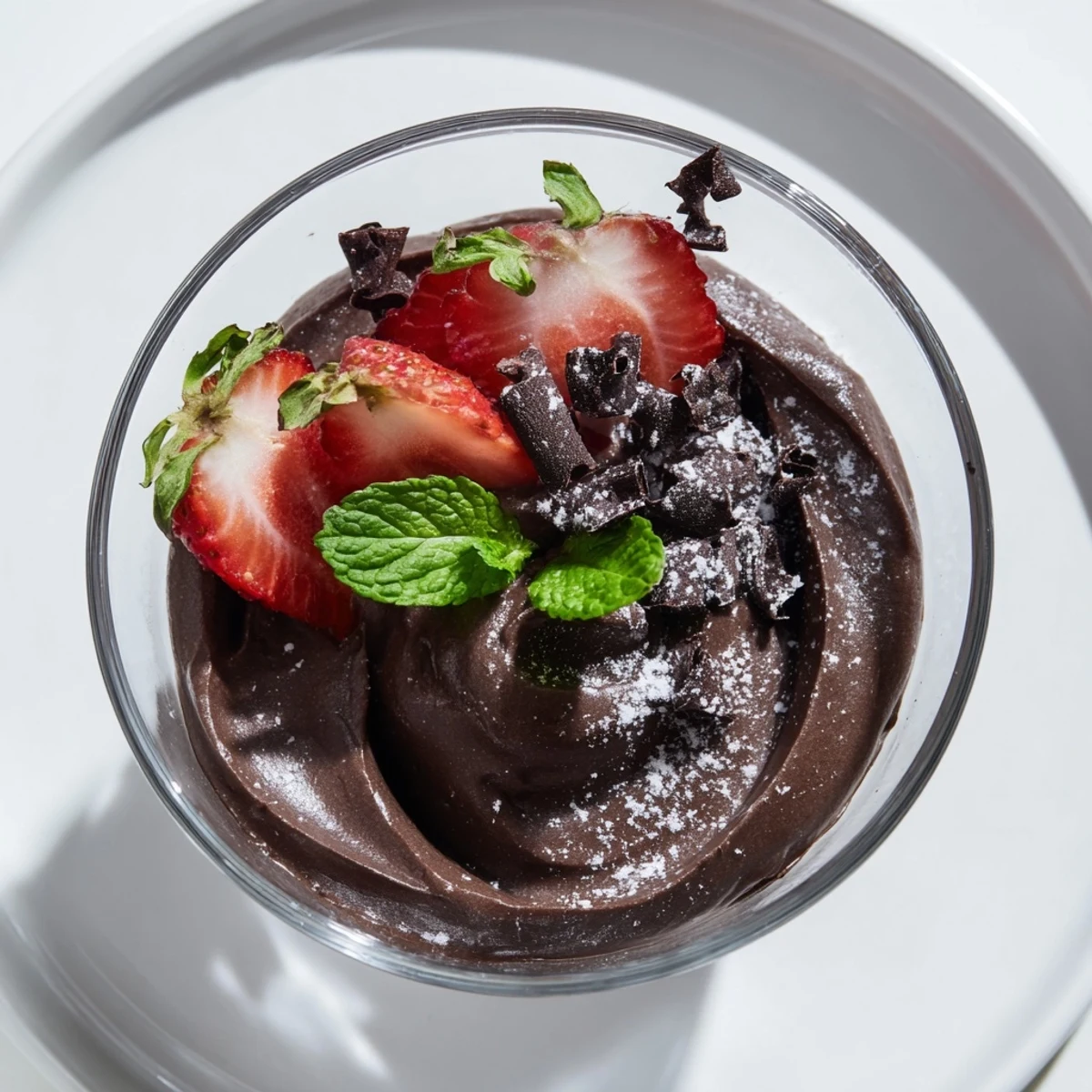 Close-up of creamy Chocolate Mousse with Strawberries in a glass, topped with fresh berries and chocolate shavings.
