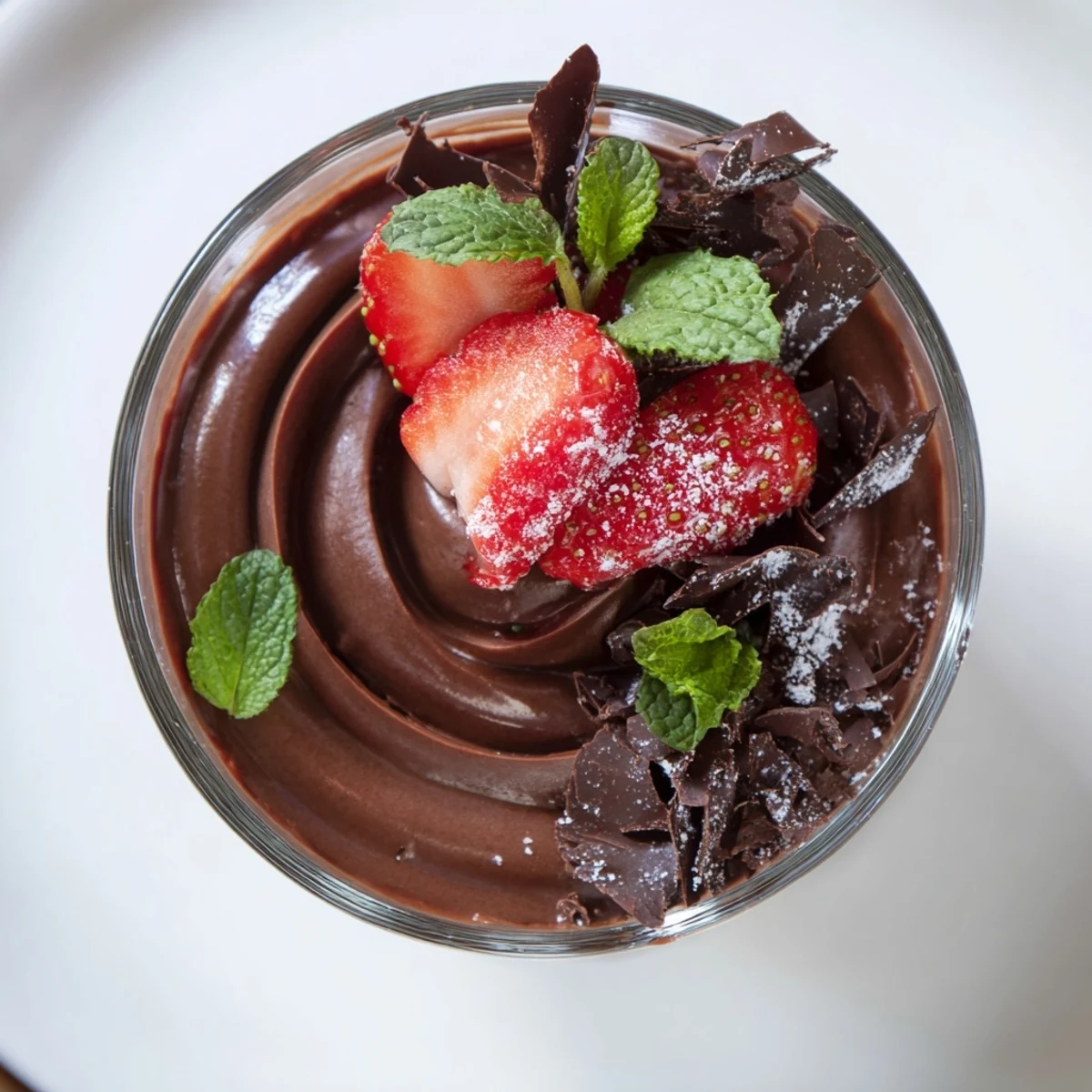 Elegant dessert of Chocolate Mousse with Strawberries served in a chilled glass with mint garnish.