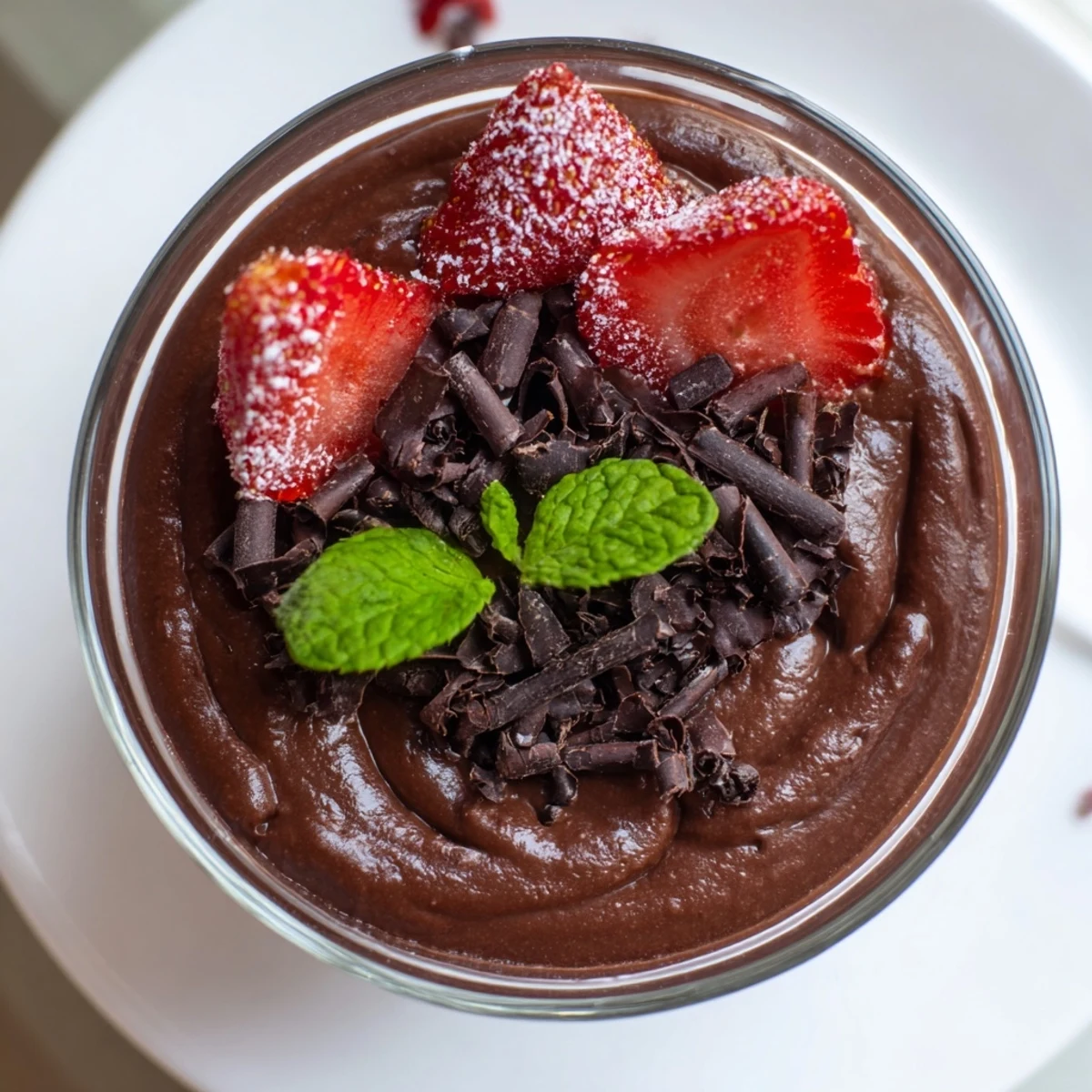 Rich Chocolate Mousse with Strawberries garnished with whipped cream and juicy sliced berries on a marble surface.