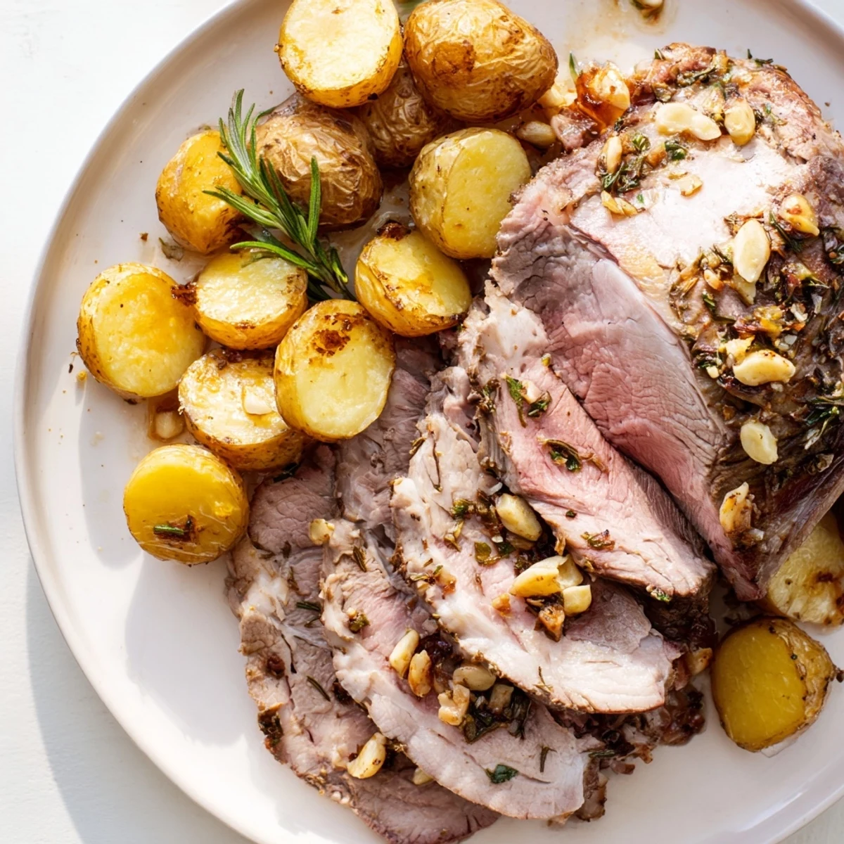 Golden slices of roasted leg of lamb with potatoes are plated, garnished with fresh parsley and rosemary sprigs.