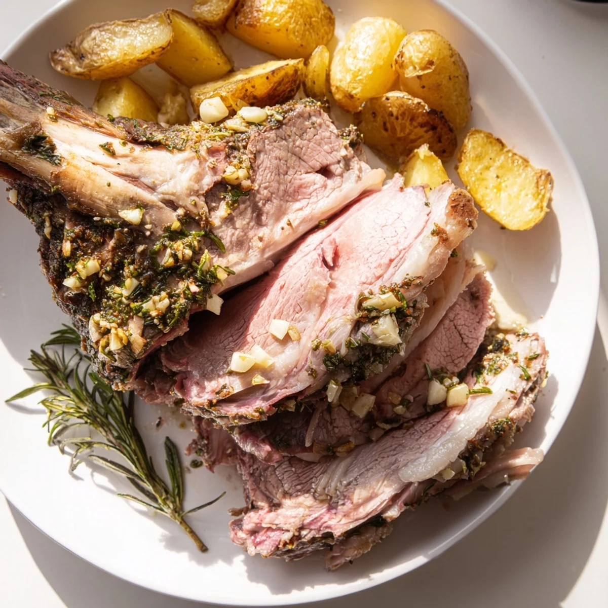 A close-up shows juicy roasted leg of lamb with potatoes, resting on a white plate with pan juices.