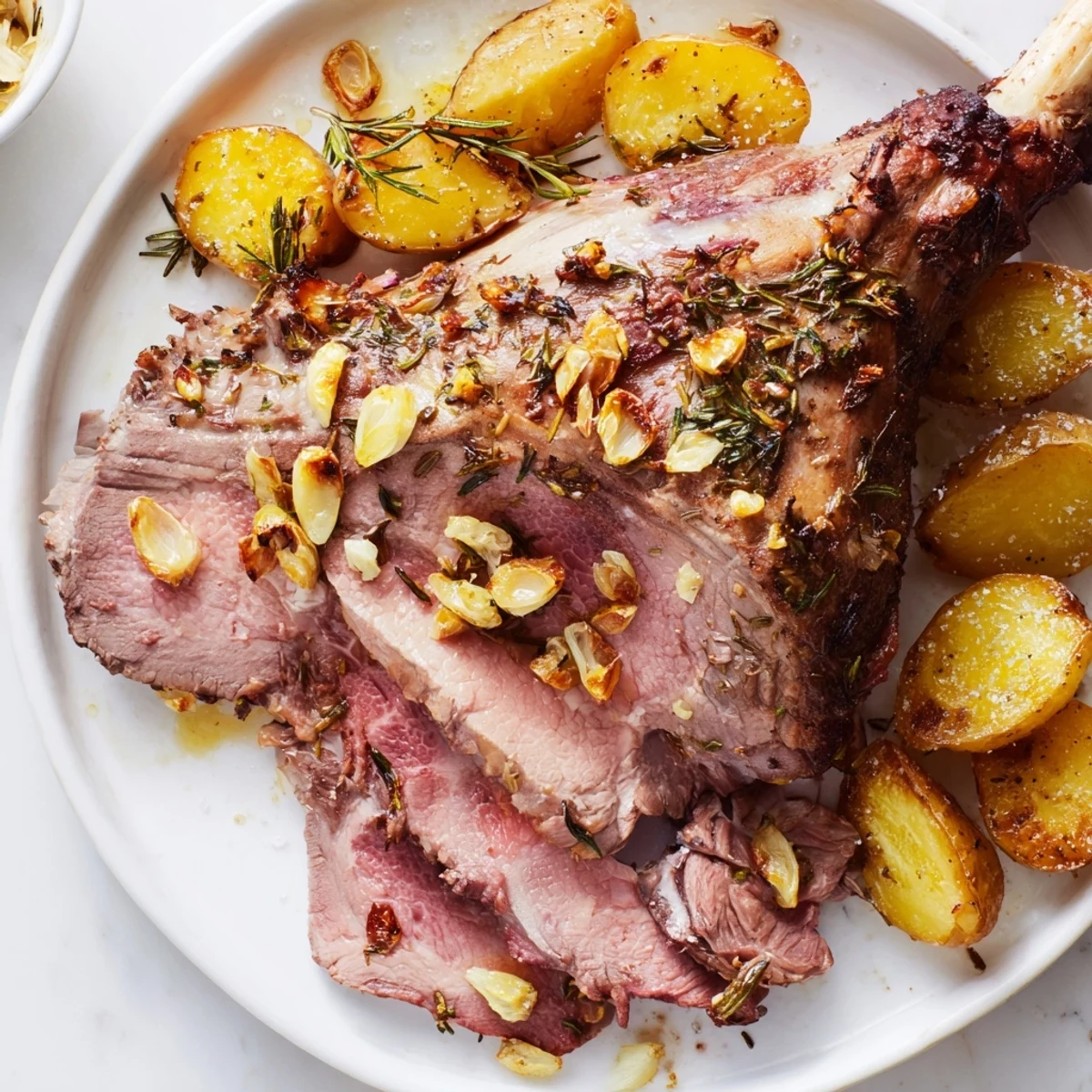 Roasted leg of lamb with potatoes rests on a serving platter, surrounded by roasted garlic and herbs.