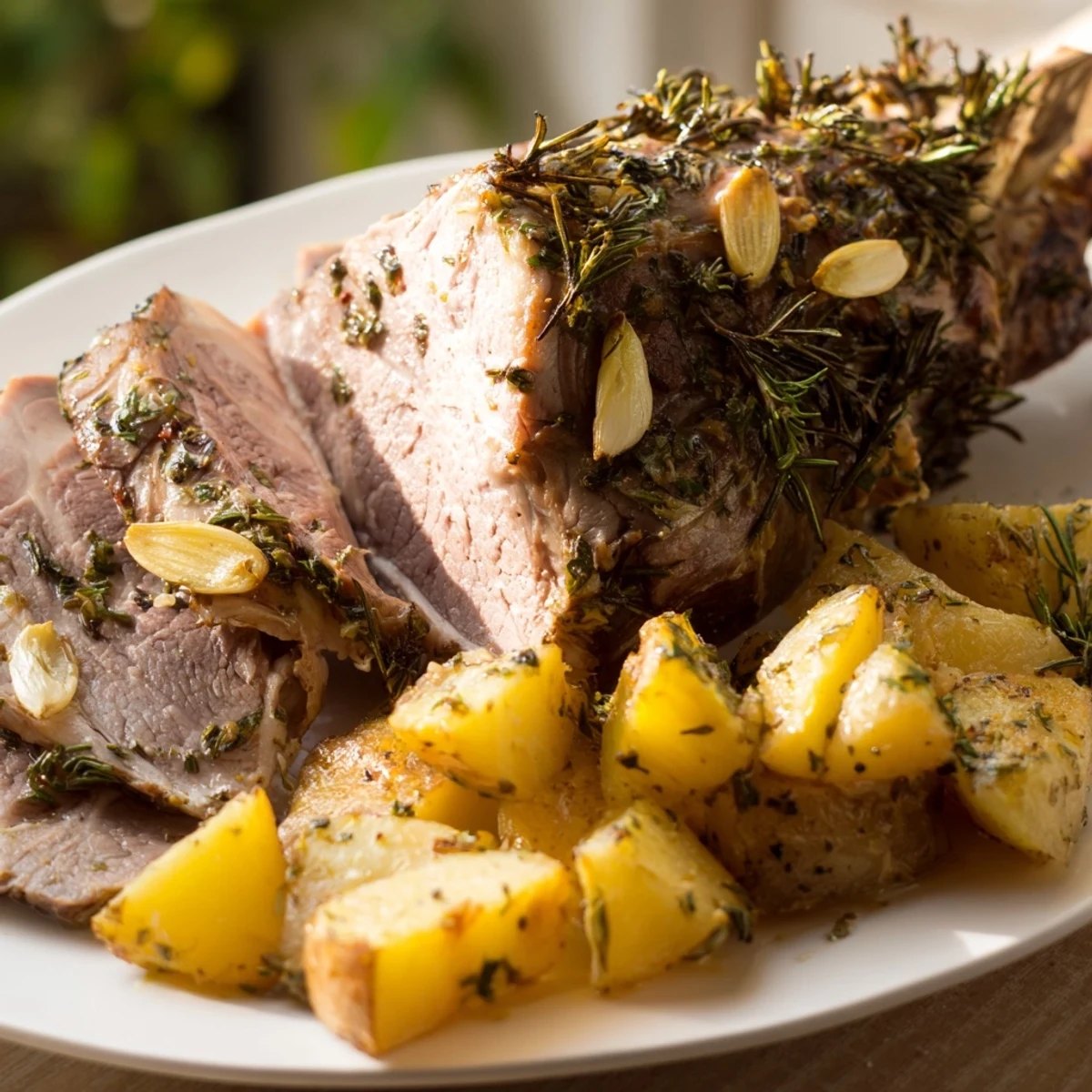 A roasted leg of lamb with roasted potatoes rests on a platter, garnished with fresh rosemary for a savory feast.