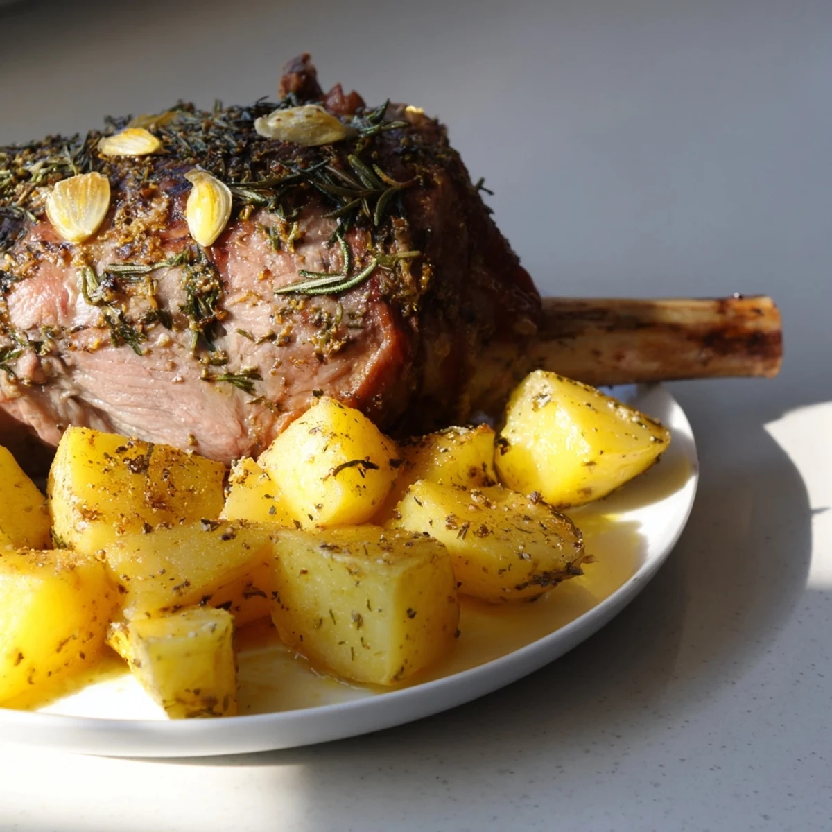 A plated serving of roasted leg of lamb with roasted potatoes highlights tender slices and a drizzle of pan juices.