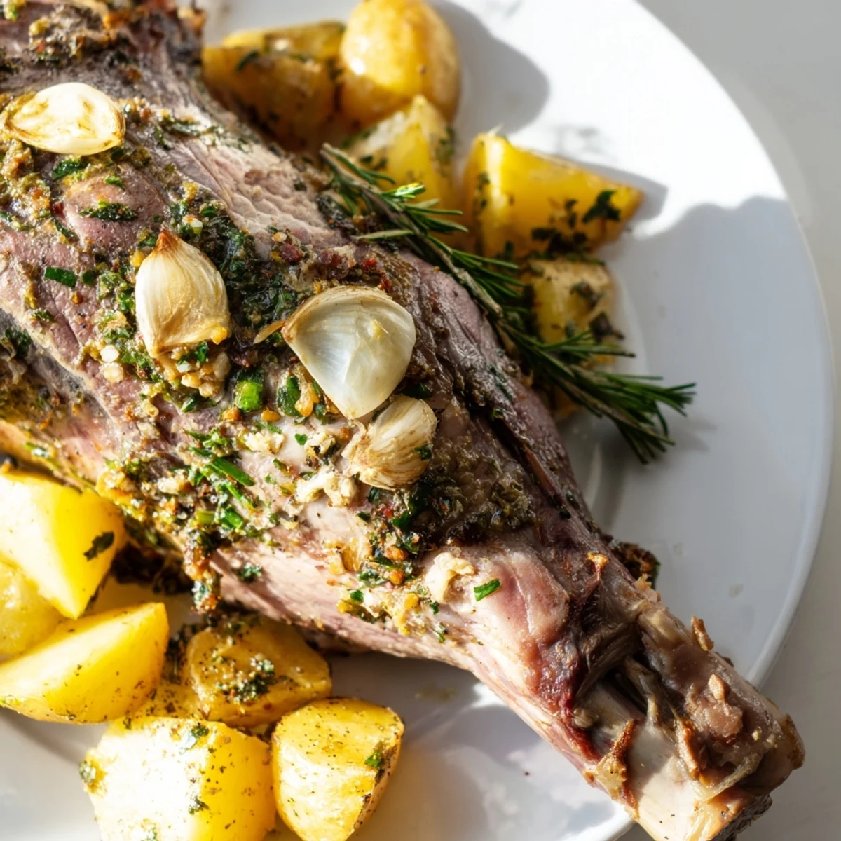 Golden roasted potatoes surround a sliced roasted leg of lamb, showcasing juicy pink meat and crispy herb-coated edges.