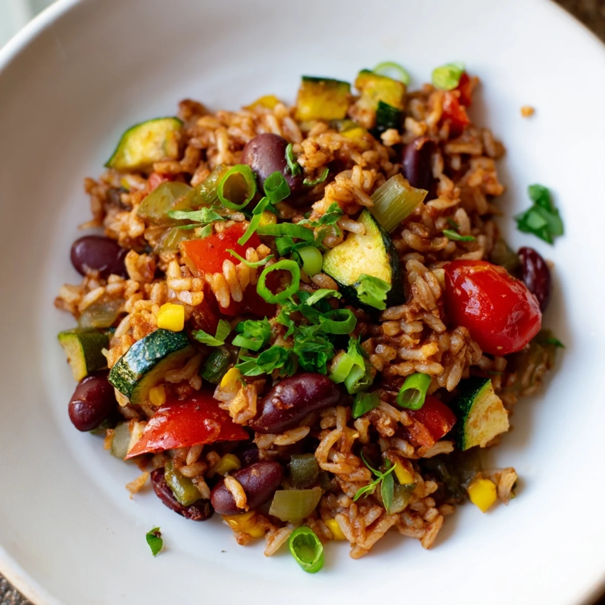 Mardi Gras Veggie Jambalaya features colorful vegetables and hearty beans in a spicy Creole rice dish served with lemon wedges.