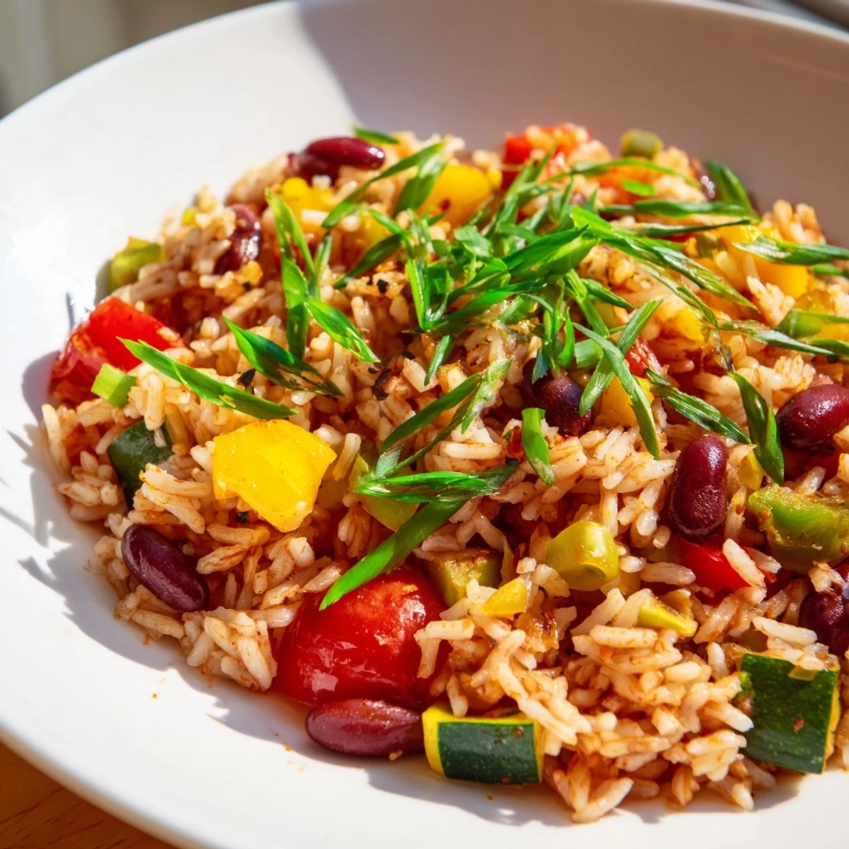 A vibrant bowl of Mardi Gras Veggie Jambalaya with beans, garnished with fresh parsley and green onions.